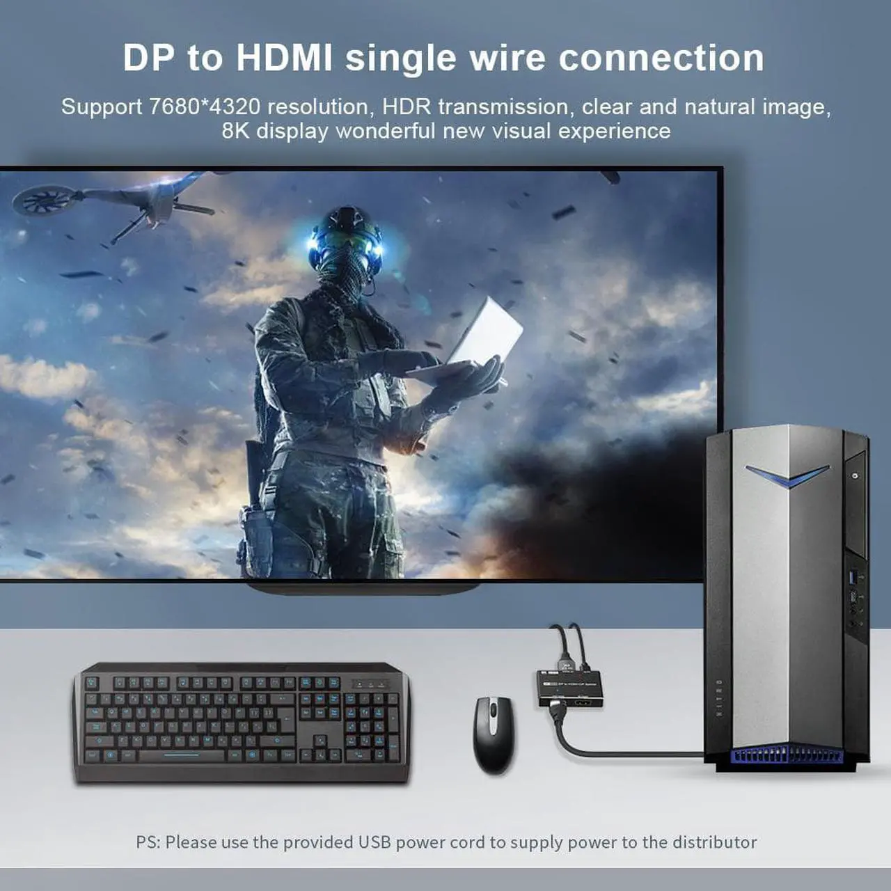 Alt view image 5 of 7 - 8K Displayport Splitter Switcher, Ultra HD 8K@30Hz 4K@120Hz Directional Switcher 1 in 2 Out DP to DP+HDMI Splitter Support High Speed 48Gbps 8K@30Hz for PS4/PS5, Xbox Series X