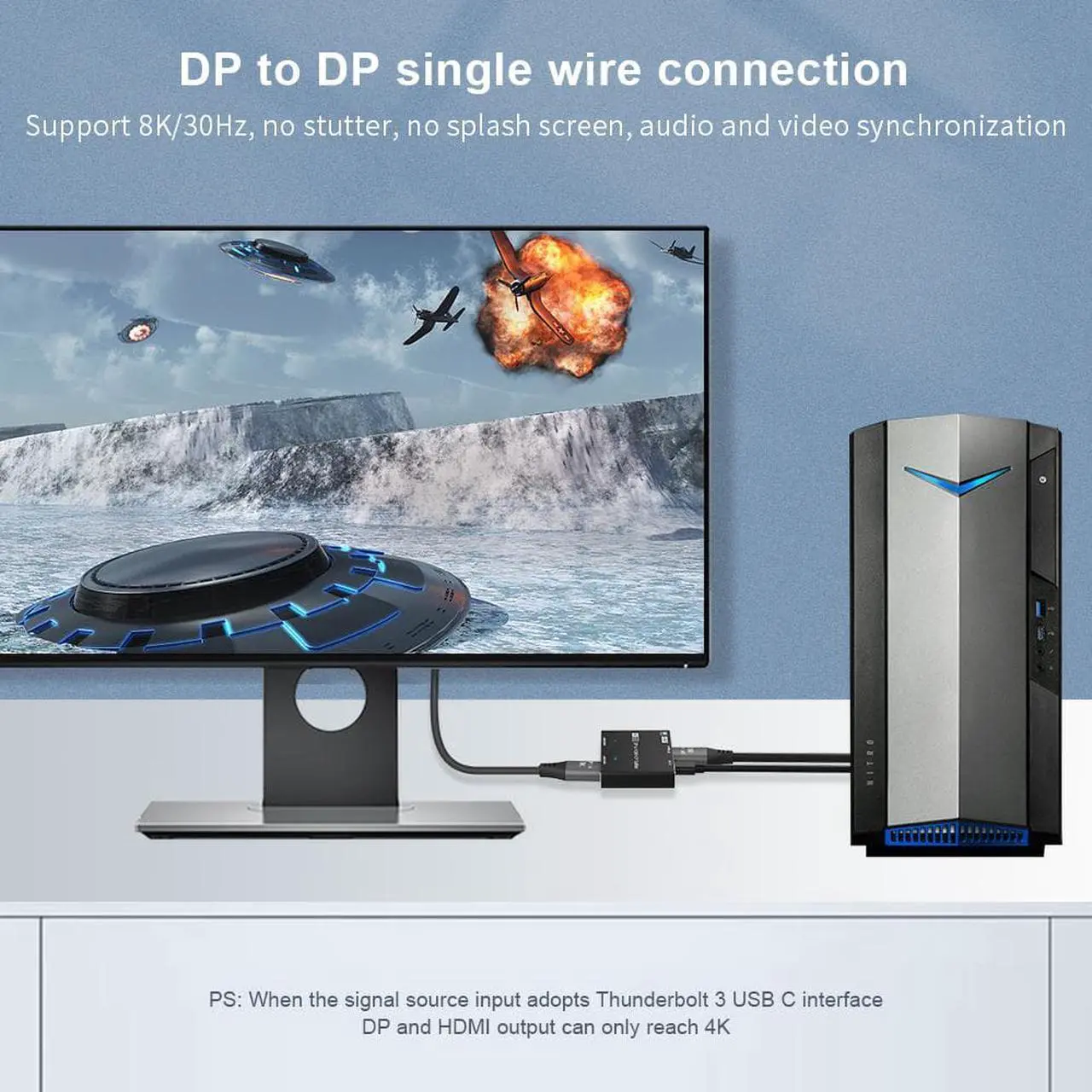 Alt view image 3 of 7 - 8K Displayport Splitter Switcher, Ultra HD 8K@30Hz 4K@120Hz Directional Switcher 1 in 2 Out DP to DP+HDMI Splitter Support High Speed 48Gbps 8K@30Hz for PS4/PS5, Xbox Series X
