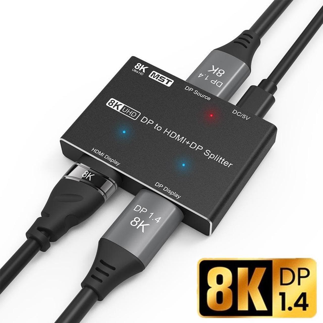 8K Displayport Splitter, 8K Display Port to HDMI and DP, Displayport MST Hub Support DP 1.4 in to DP1.4 & HDMI 2.1 Out at 8K@30Hz 4K@144Hz