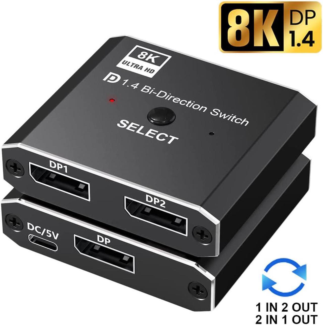 Jansicotek Displayport Switch Bi-Directional DP 1.4 Switcher, 8K@30Hz 4K@120Hz 2K@144Hz DisplayPort 1.4 Switcher Converter 2X1 or 1X2 for Multiple Source and Displays (OZQD)