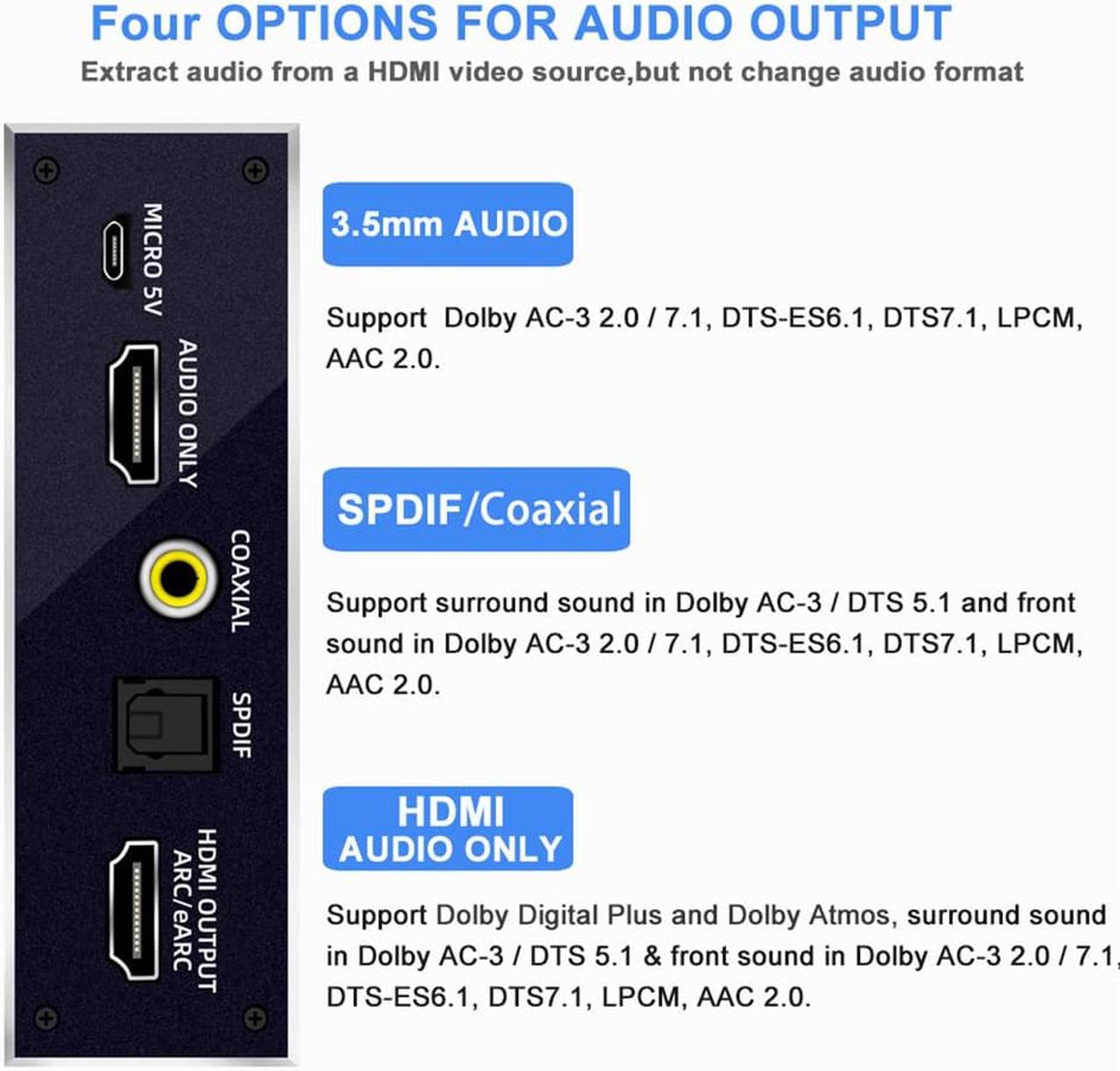 Alt view image 4 of 7 - Jansicotek 4K@60Hz HDMI Audio Extractor with 7.1CH Atmos,  HDMI to HDMI + Optical Toslink SPDIF + 3.5mm Audio Jack + Coaxial + 7.1Ch Out Splitter Converter Adapter