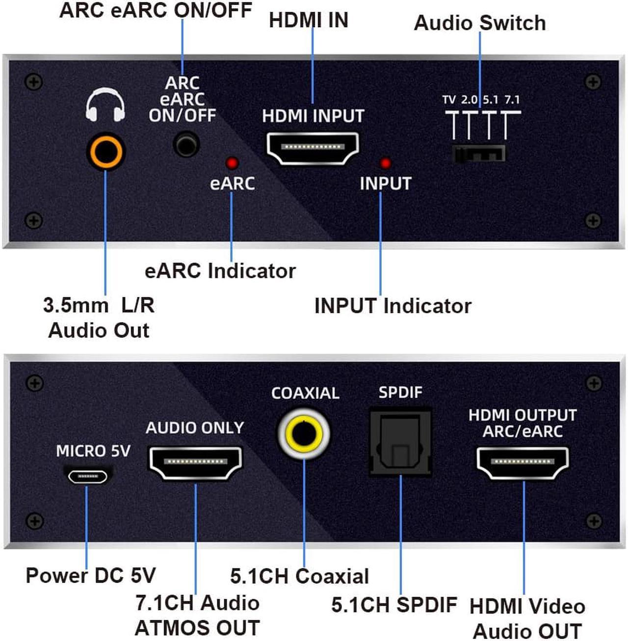 Alt view image 2 of 7 - Jansicotek 4K@60Hz HDMI Audio Extractor with 7.1CH Atmos,  HDMI to HDMI + Optical Toslink SPDIF + 3.5mm Audio Jack + Coaxial + 7.1Ch Out Splitter Converter Adapter