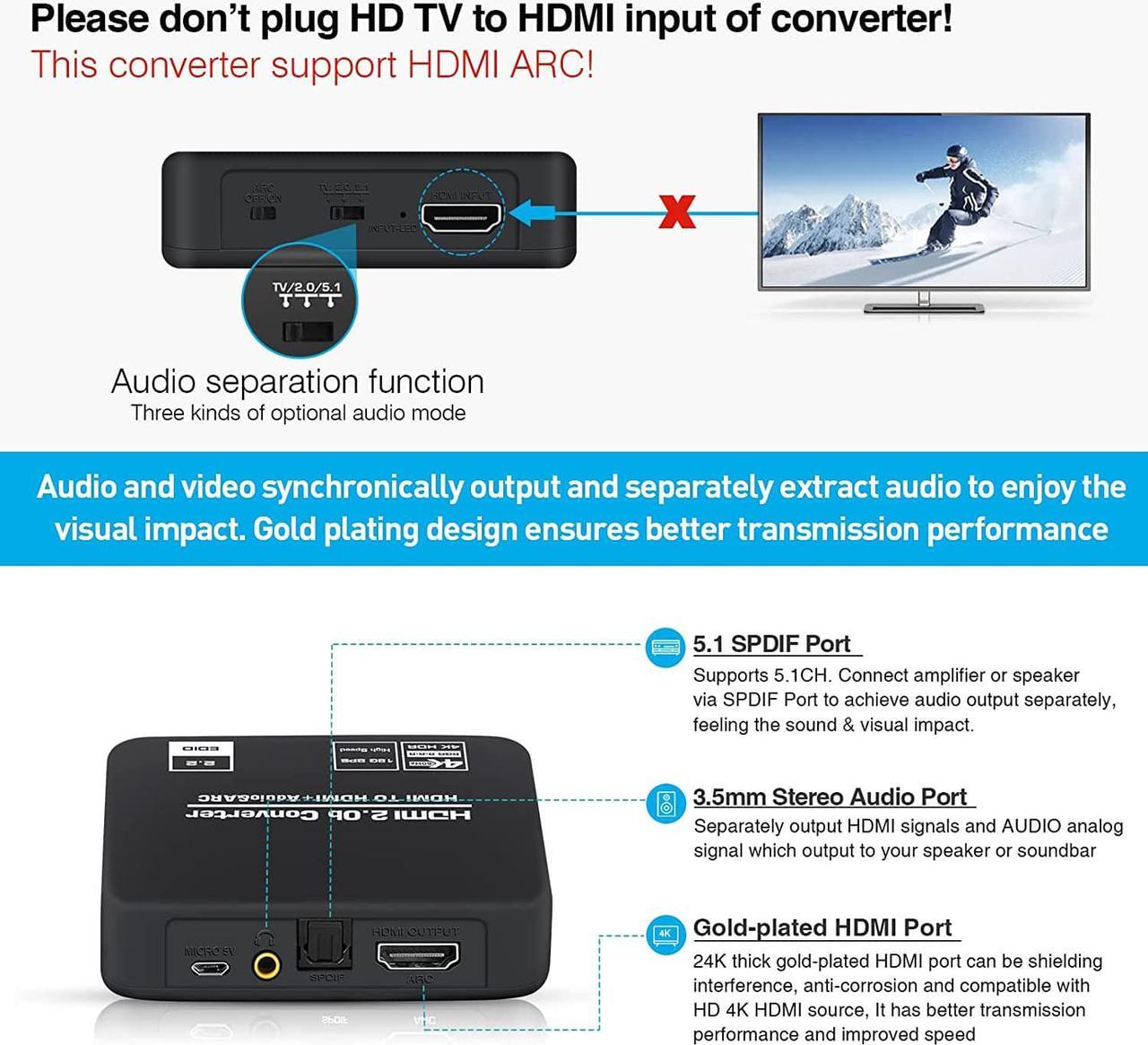 Alt view image 4 of 7 - Jansicotek HDMI Audio Extractor, 4K@60Hz HDMI to HDMI + Optical Toslink SPDIF + 3.5mm Audio Output, HDMI Audio Converter Adapter Embedder Support 1080P 3D Suit for Fire Stick, Xbox, Laptop