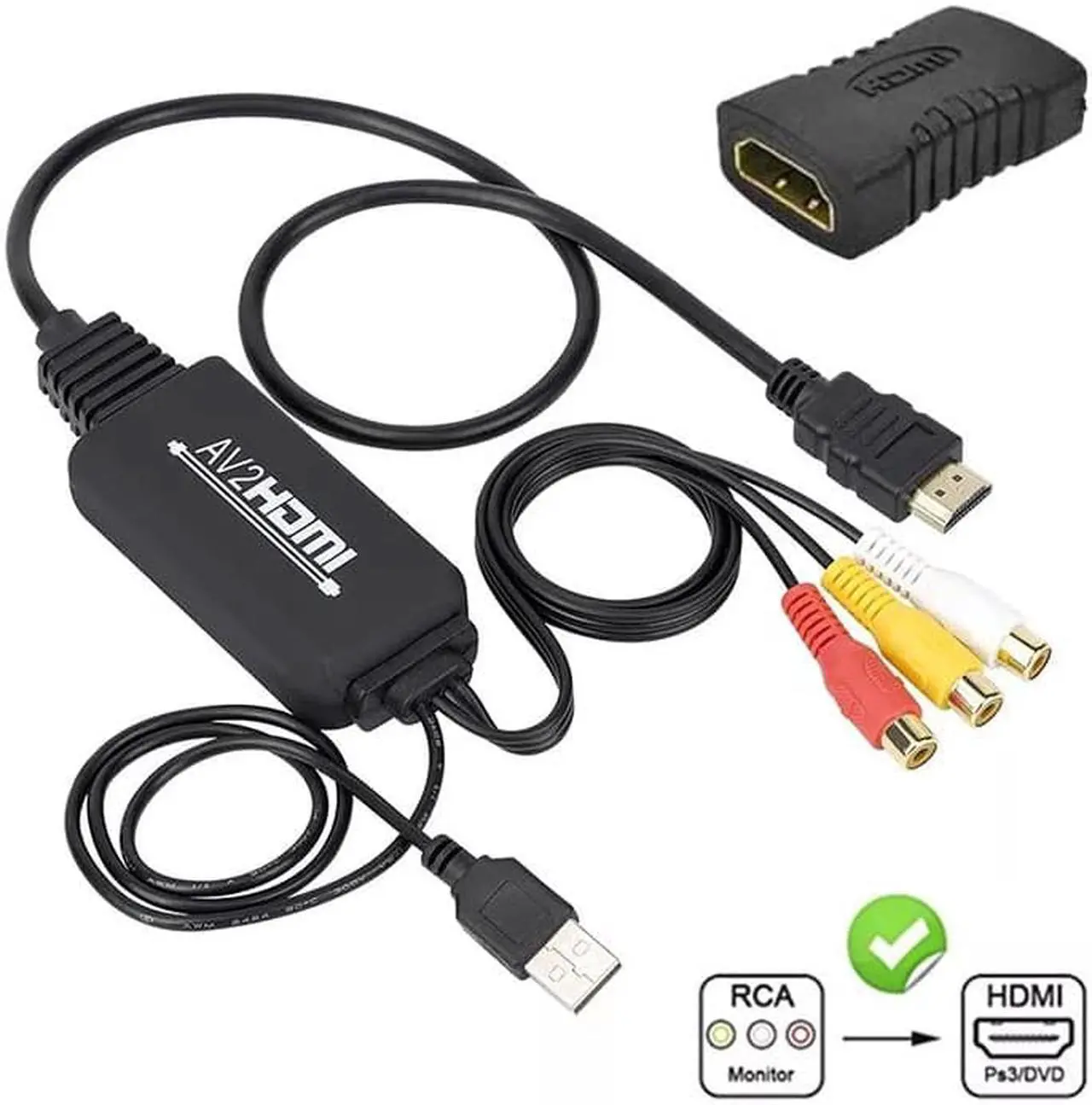 Main image of RCA to HDMI, 1080P RCA Composite CVBS AV to HDMI Video Audio Converter Adapter with USB Charging Cable Compatible with PC Laptop Xbox PS4 PS3 TV STB VHS VCR Camera DVD