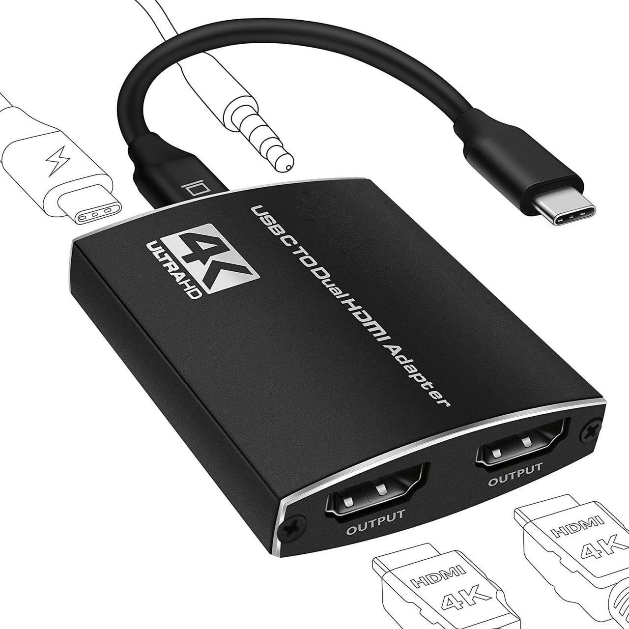 USB C to Dual HDMI Hub Splitter, 4K 60Hz USB Type C to 2X HDMI Adapter, USB C Hub for Windows Laptop PC,with Power Delivery and 3.5mm Audio Jack, Compatible with MacBook Pro, MacBook Air, iPad Pro