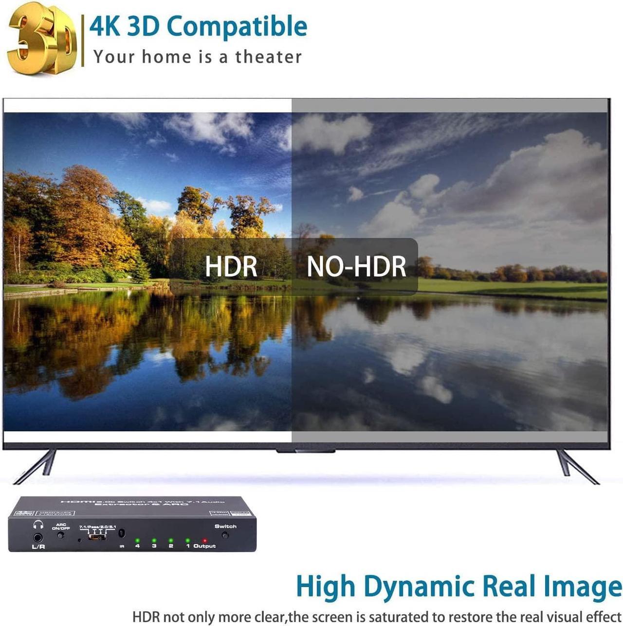 Alt view image 5 of 7 - 4 in 1 Out 4K HDMI Switch Audio Extractor, 4K@60Hz 8:8:8 ARC Auto Switch EDID HDMI 2.0, 18Gbps, HDCP 2.2, HDR10, Dolby Vision, ARC for PS4 Xbox Apple TV Fire Stick Blu-Ray Player