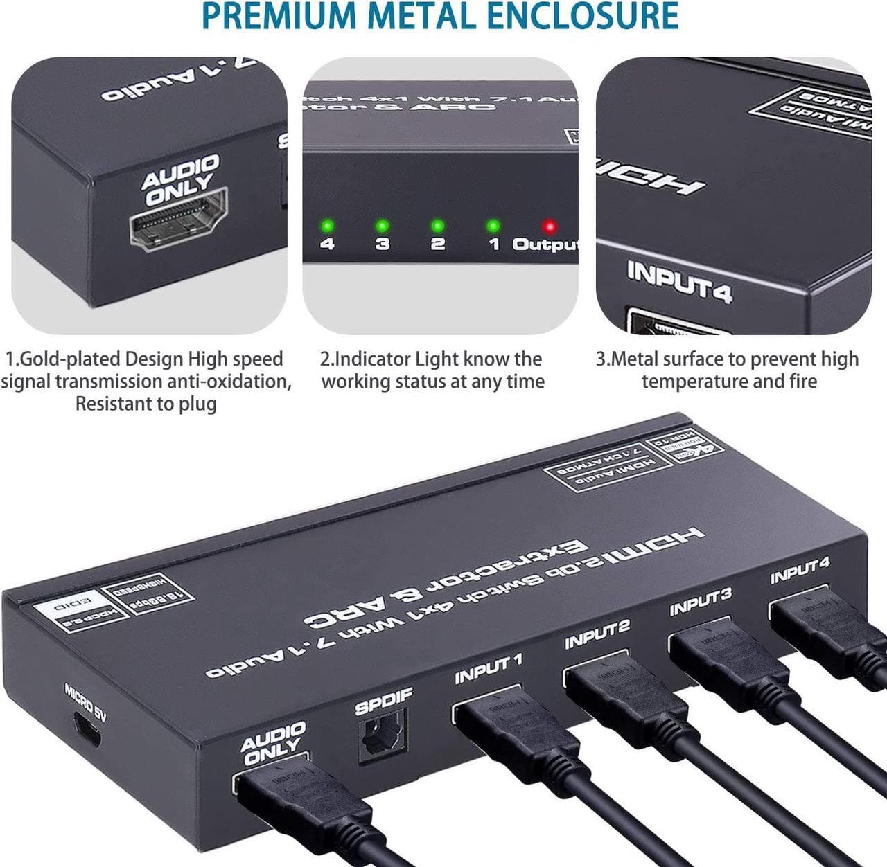 Alt view image 3 of 7 - 4 in 1 Out 4K HDMI Switch Audio Extractor, 4K@60Hz 8:8:8 ARC Auto Switch EDID HDMI 2.0, 18Gbps, HDCP 2.2, HDR10, Dolby Vision, ARC for PS4 Xbox Apple TV Fire Stick Blu-Ray Player