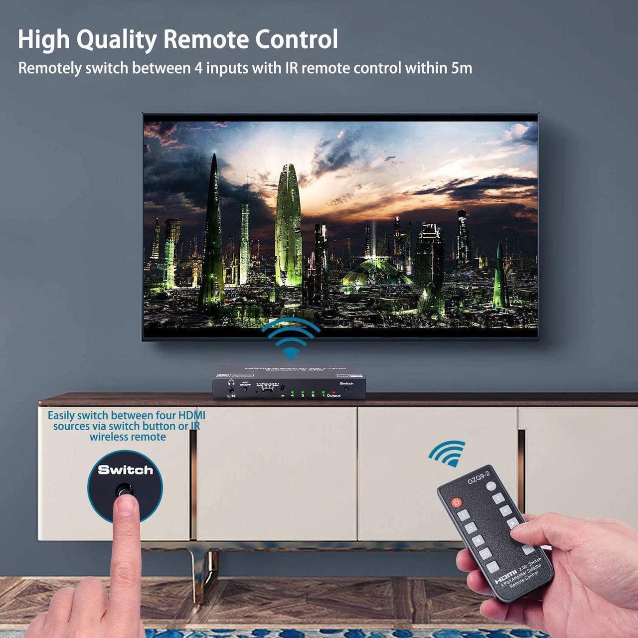 Alt view image 7 of 7 - 4 in 1 Out 4K HDMI Switch Audio Extractor, 4K@60Hz 8:8:8 ARC Auto Switch EDID HDMI 2.0, 18Gbps, HDCP 2.2, HDR10, Dolby Vision, ARC for PS4 Xbox Apple TV Fire Stick Blu-Ray Player