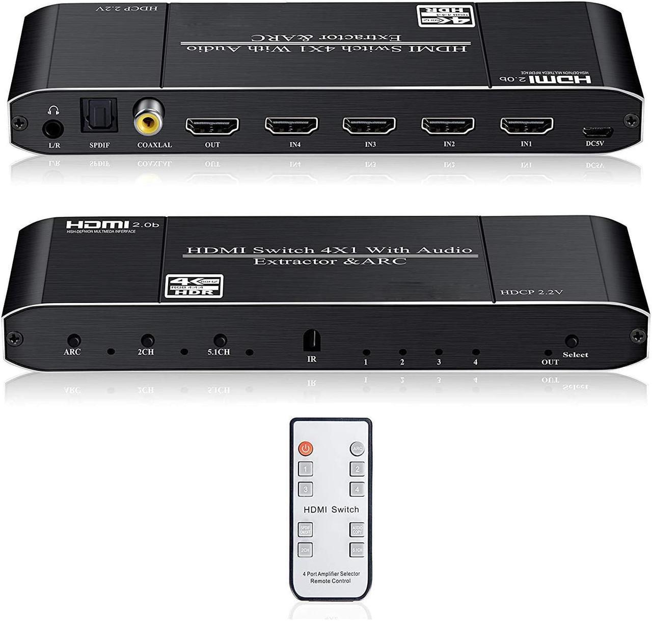 4K @ 60Hz 4 in 1 Out HDMI Switcher with Audio Extractor and IR Remote for PS4/PC/DVD/Security Camera, Optical + 3.5mm AUX + Coaxial Output, Support ARC , 3D, 1080P @120Hz, 4Kx2k @60Hz HDTV with Remote