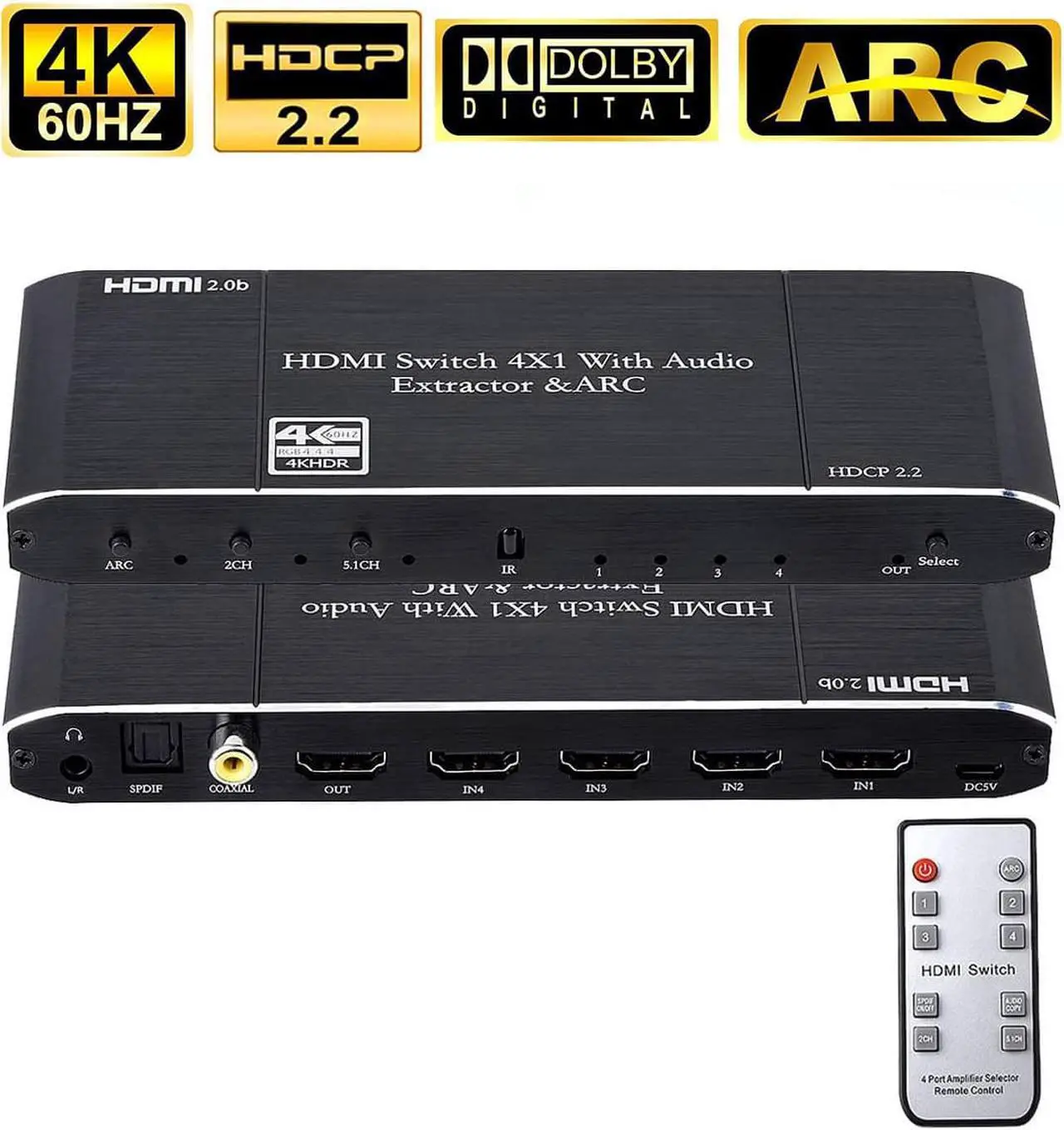 Main image of 4K@60hz HDMI Switch 4 in 1 Out 4 Ports HDMI Switch HDMI Audio Extractor with IR Remote Support HDMI to Toslink SPDIF Coaxial 3.5mm Audio Out HDMI 2.0b HDCP 2.2 3D for fire Stick PS3 PS4