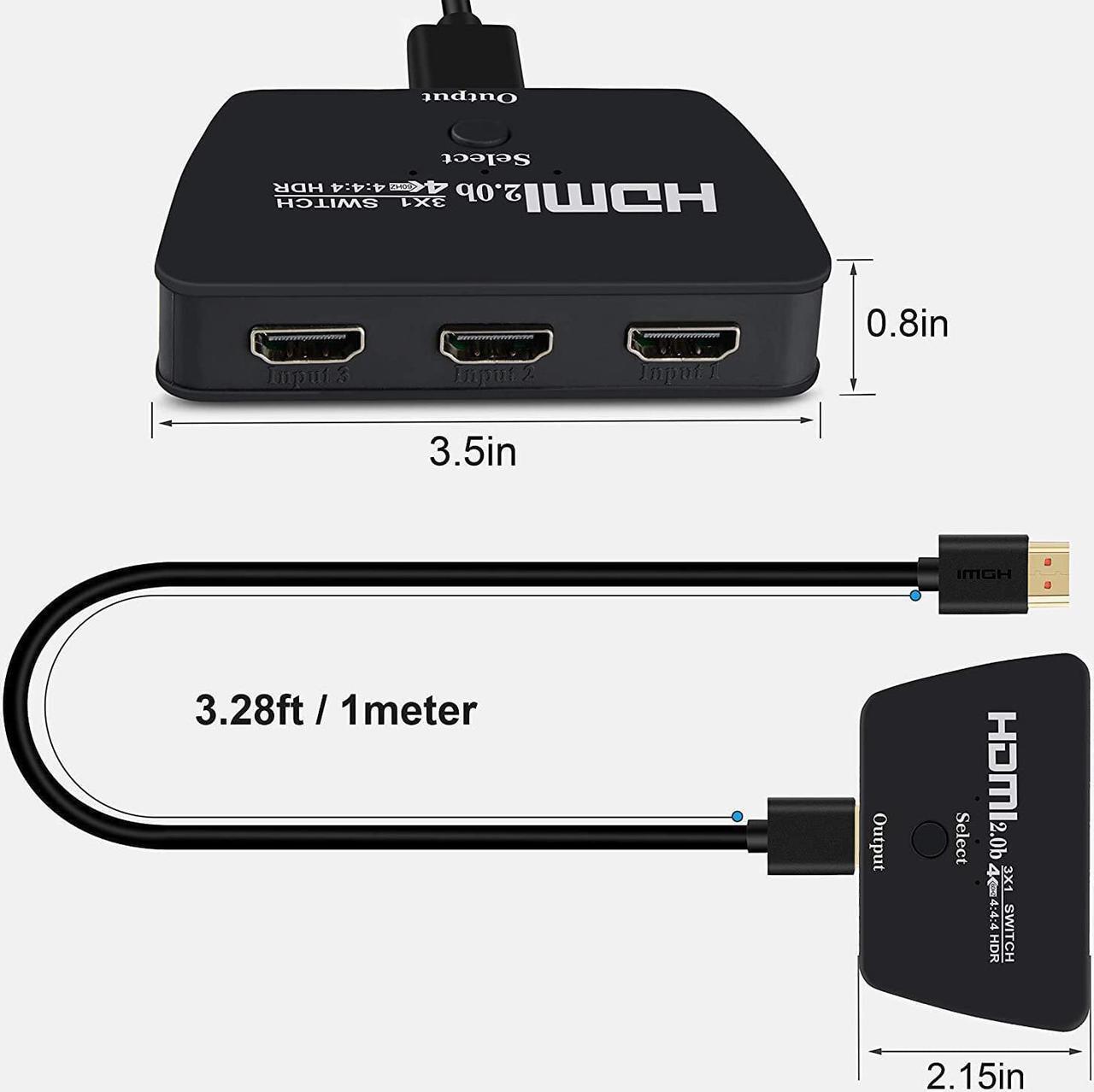 Alt view image 2 of 7 - HDMI Switch 4K@60Hz with 3.9FT HDMI Cable, 3 Port HDMI Switcher Splitter, HDMI Switch Box Hub Support UltraHD, HDR 10, 4K 3D 1080P, for PS4 Xbox DVD Player Fire Stick Apple TV PC