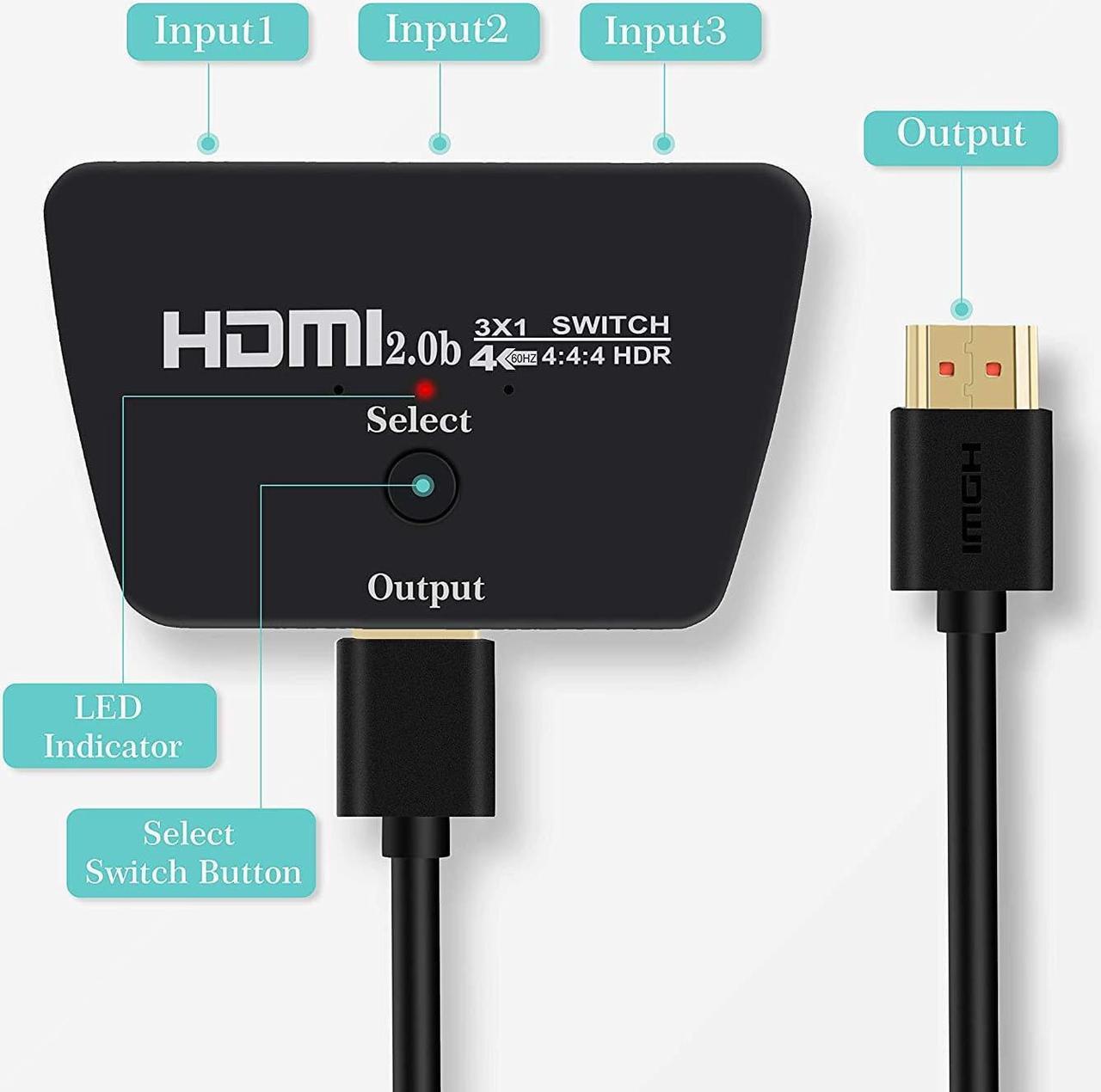 Alt view image 3 of 7 - HDMI Switch 4K@60Hz with 3.9FT HDMI Cable, 3 Port HDMI Switcher Splitter, HDMI Switch Box Hub Support UltraHD, HDR 10, 4K 3D 1080P, for PS4 Xbox DVD Player Fire Stick Apple TV PC