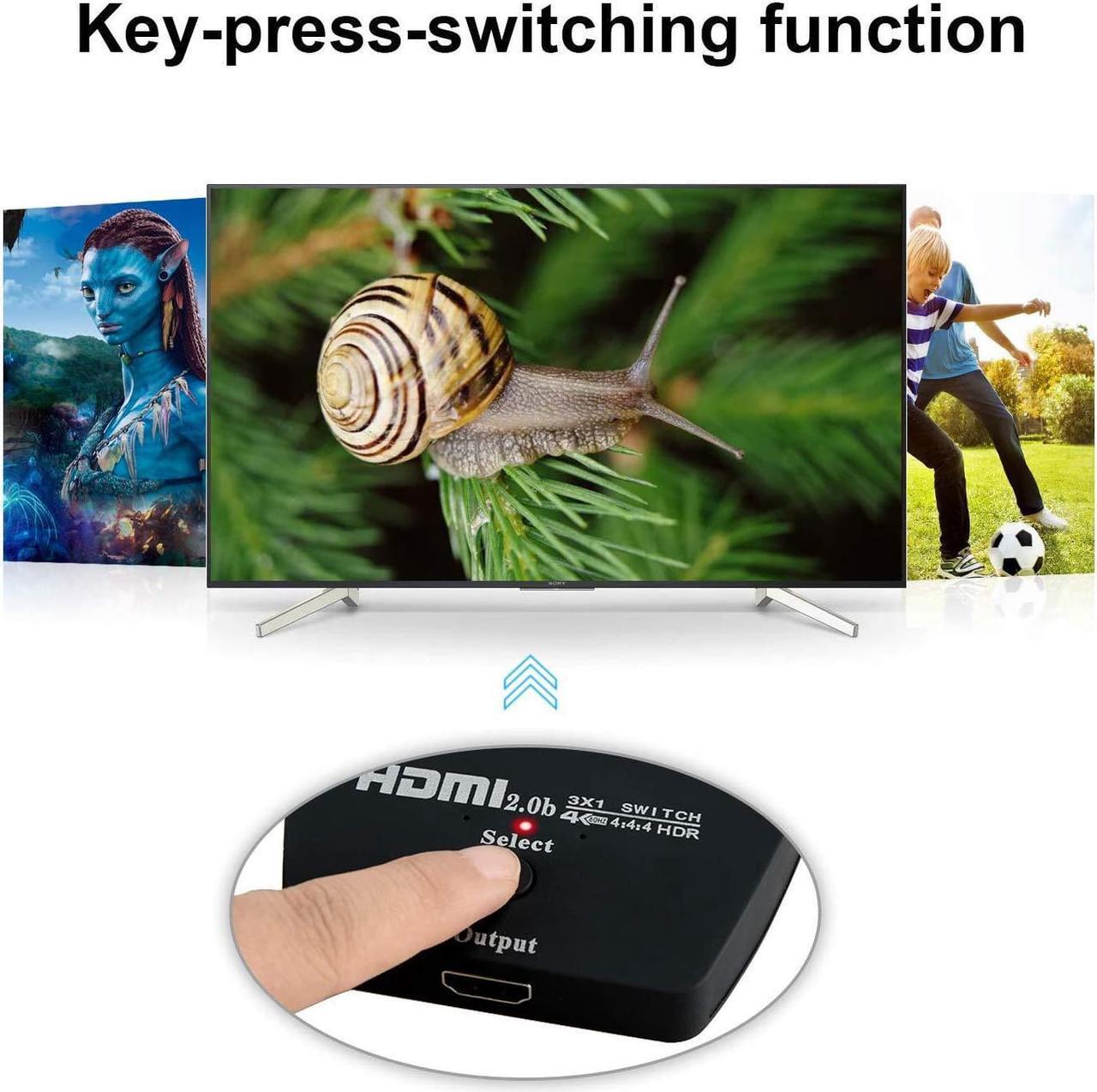 Alt view image 5 of 7 - HDMI Switch 4K@60Hz with 3.9FT HDMI Cable, 3 Port HDMI Switcher Splitter, HDMI Switch Box Hub Support UltraHD, HDR 10, 4K 3D 1080P, for PS4 Xbox DVD Player Fire Stick Apple TV PC