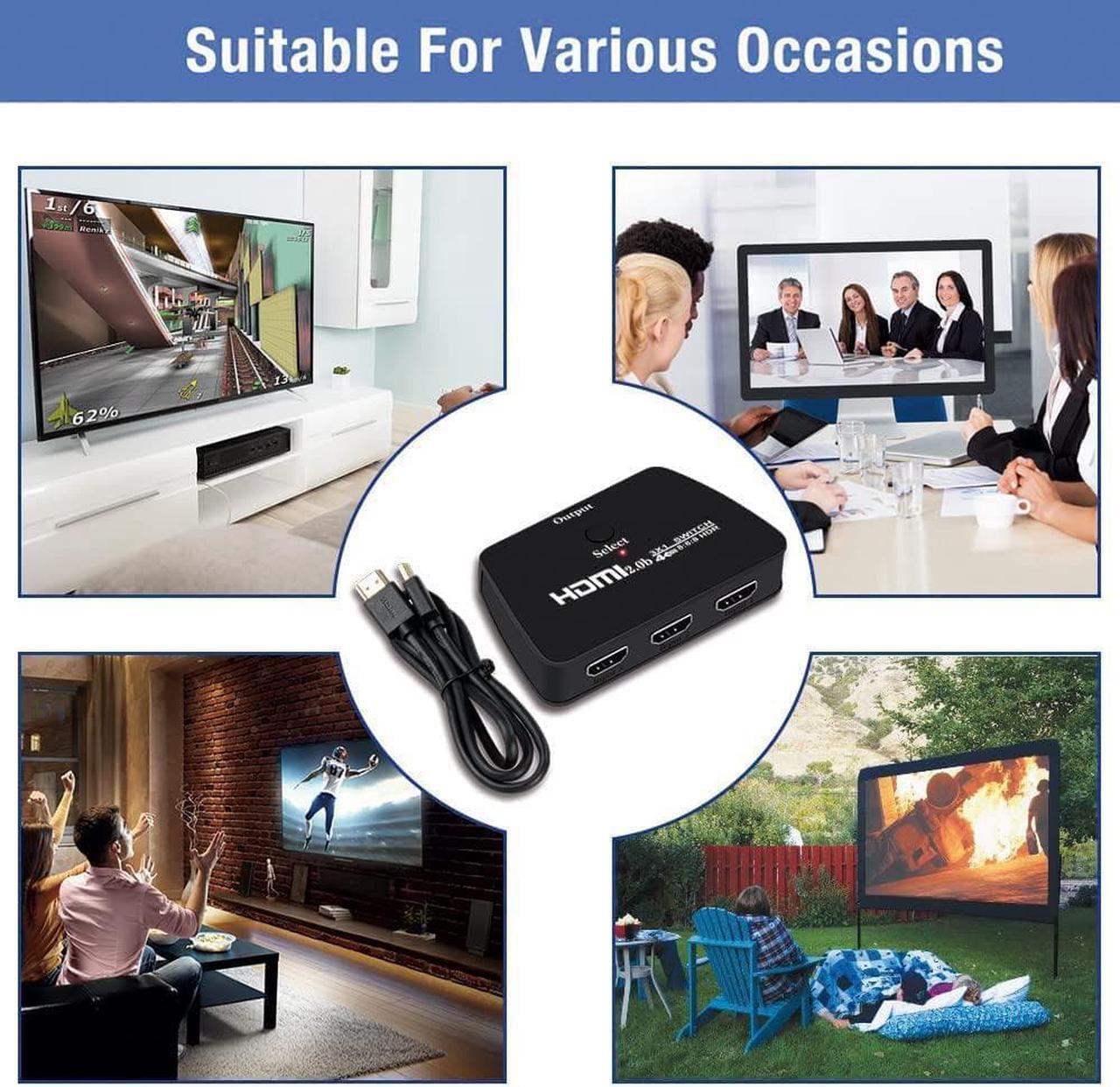 Alt view image 7 of 7 - HDMI Switch 4K@60Hz with 3.9FT HDMI Cable, 3 Port HDMI Switcher Splitter, HDMI Switch Box Hub Support UltraHD, HDR 10, 4K 3D 1080P, for PS4 Xbox DVD Player Fire Stick Apple TV PC
