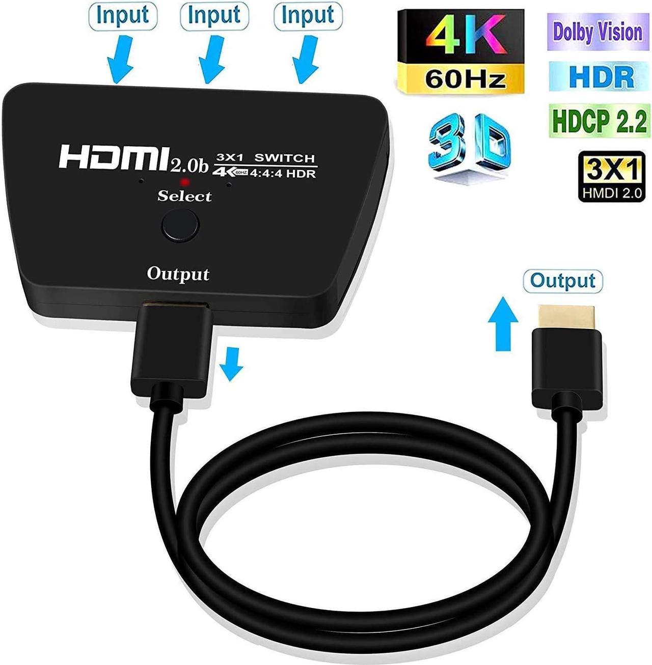 HDMI Switch 4K@60Hz, 3 in 1 Out HDMI Switch, 3 Port HDMI Switcher Box with HDMI Cable, Supports 4K, 1080P, 3D, HDMI 2.0, HDR, Compatible with Fire Stick 4K, HDTV, PS4/5, Game Consoles, PC