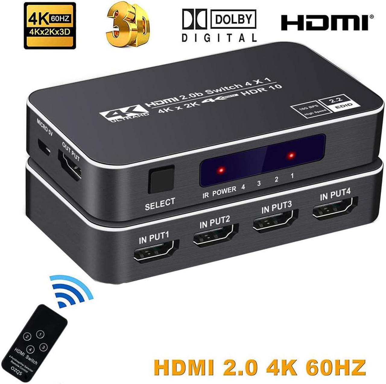 4K@60Hz HDMI Switch 4x1, 4 Port HDMI Switcher with IR Wireless Remote Support Auto Switch, HDMI 2.0, HDCP 2.2, HDR, Full HD, 3D - OZQ5