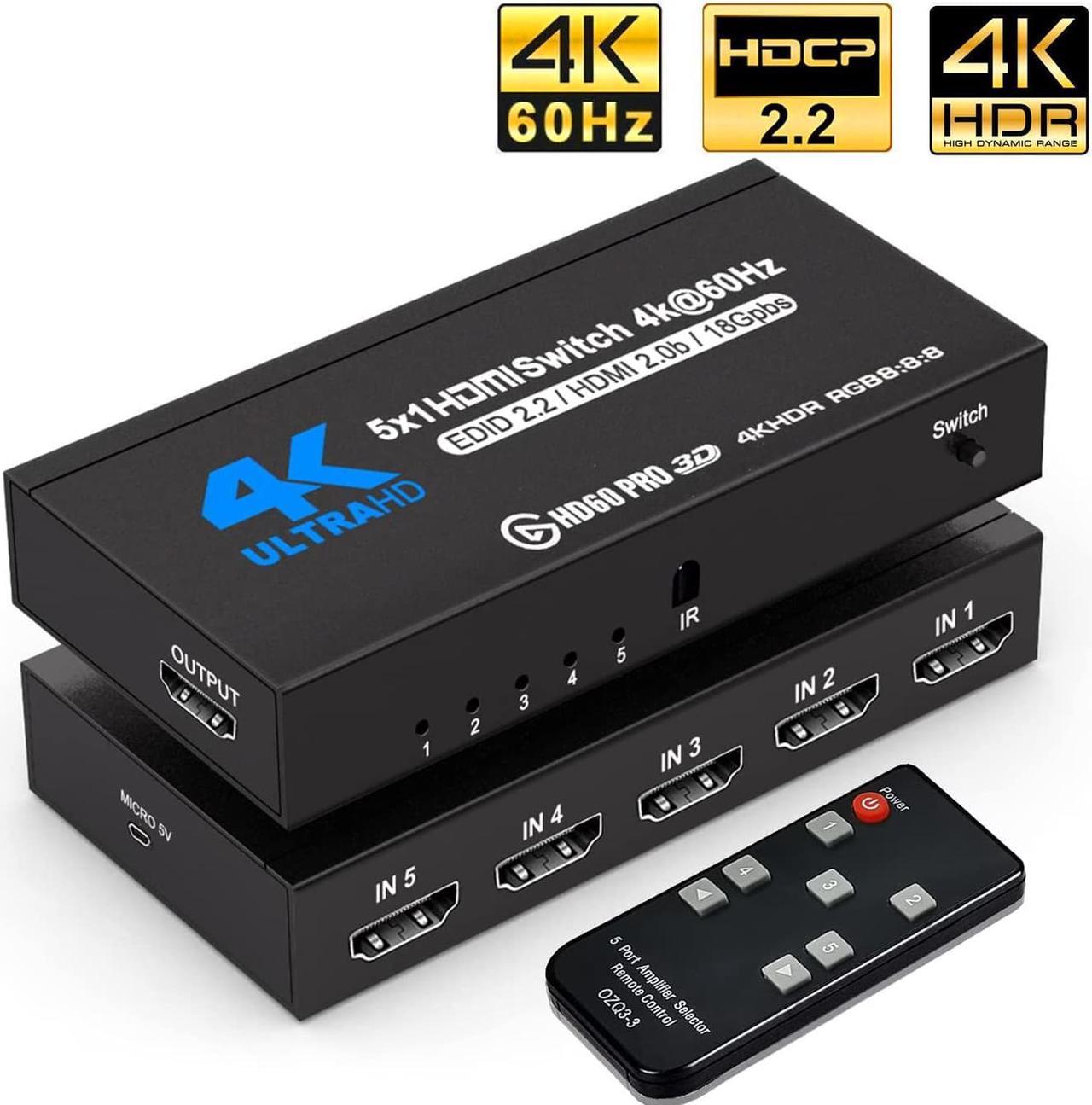 HDMI 2.0 Switch 5 Port, HDMI Switch Splitter 5 in 1 Out, Metal HDMI Switcher 4K with IR Remote, Support HDCP 2.2 Support 4K@60Hz Ultra HD 3D 2160P 1080P, Compatible for PS3/PS4,Xbox, OZQ3-4