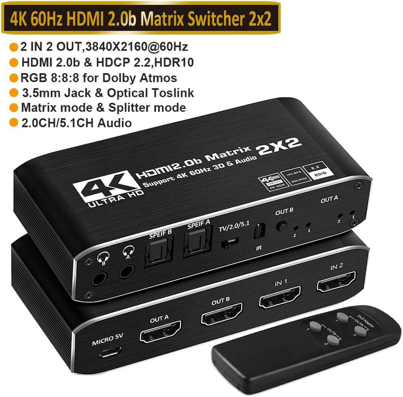 HDMI Matrix Switch 2x2, 4K@60Hz HDMI Matrix Switcher Splitter 2 in 2 Out Box with HDCP2.2 HDR10,2xSPDIF Audio, 2x3.5mm L/R Audio and IR Remote Control Support 4K HDR, HDMI 2.0b, HDCP 2.2, 3D,1080P