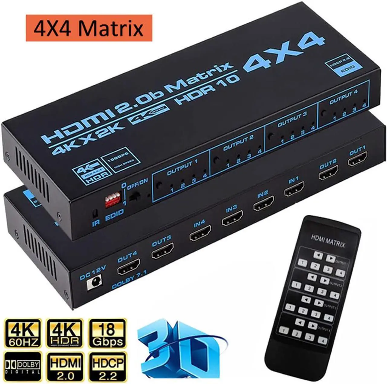 Main image of Jansicotek HDMI-compatible Matrix Switch 4x4, 4K Matrix Switcher Splitter 4 In 4 Out Box with EDID Extractor and IR Remote Control Support HDR, HDMI 2.0b, HDCP 2.2, 3D, 18Gbps, YUV 4:4:4