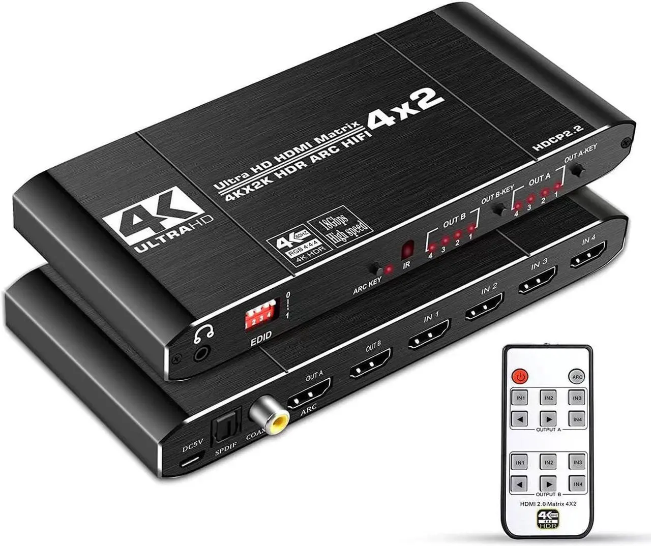 Main image of Jansicotek HDMI Matrix Switch 4x2, 4K HDMI Matrix Switcher Splitter 4 in 2 Out Box with EDID Extractor and IR Remote Control Support 4K HDR, HDMI 2.0b, HDCP 2.2, 4K@60Hz, 3D, 1080P