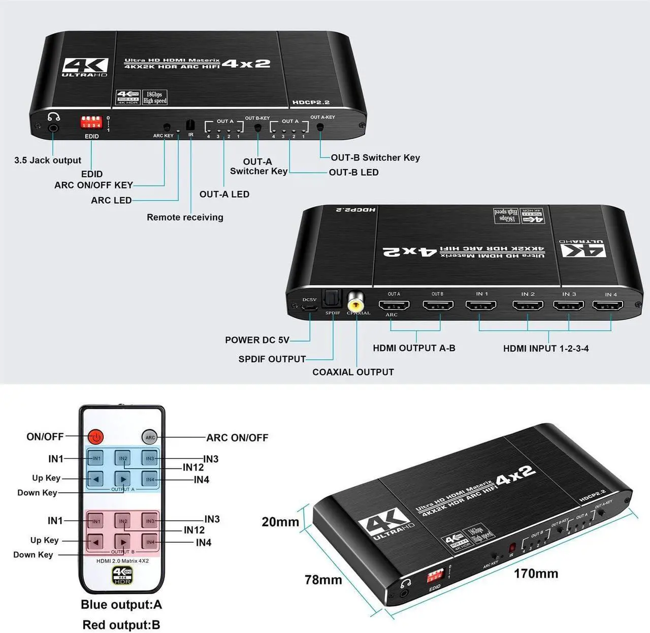 Alt view image 2 of 7 - Jansicotek HDMI Matrix Switch 4x2, 4K HDMI Matrix Switcher Splitter 4 in 2 Out Box with EDID Extractor and IR Remote Control Support 4K HDR, HDMI 2.0b, HDCP 2.2, 4K@60Hz, 3D, 1080P