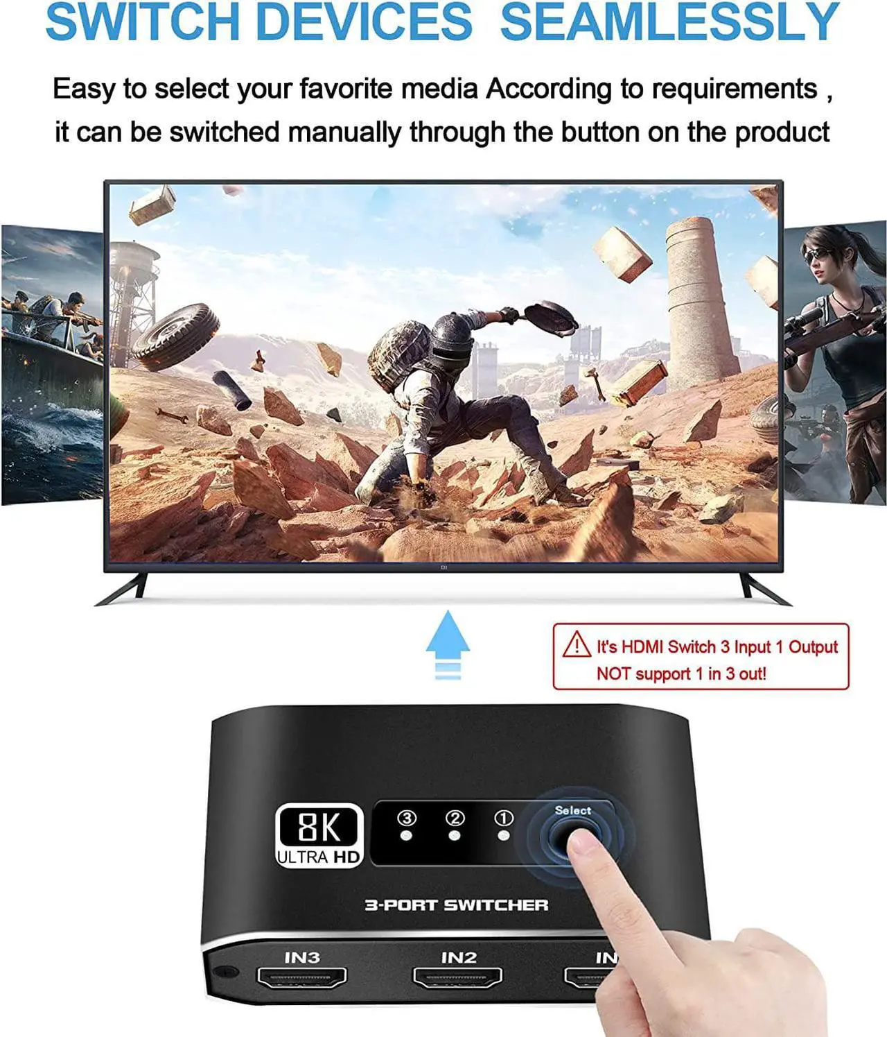Alt view image 2 of 7 - HDMI Switch 8K 60hz with HDMI Cable,3 Port 8K HDMI Switcher 3 in 1 Out,HDMI Video Switch Adapter,Supports 8K,4K,3D,HDMI2.1,HDCP2.3, for Fire Stick,roku Stick,HDTV,PS4/5,Game Consoles, PC