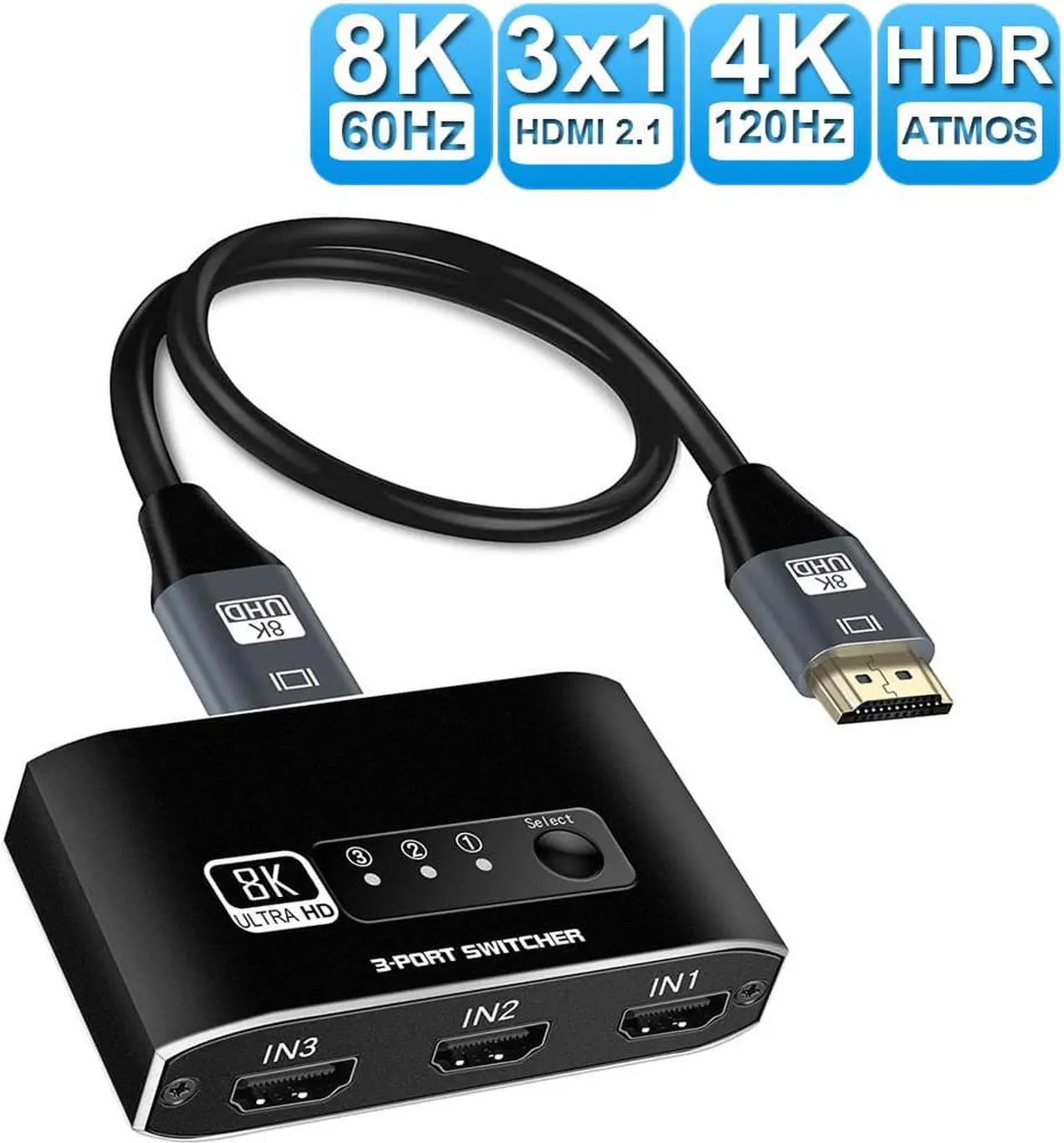 Main image of HDMI Switch 8K 60hz with HDMI Cable,3 Port 8K HDMI Switcher 3 in 1 Out,HDMI Video Switch Adapter,Supports 8K,4K,3D,HDMI2.1,HDCP2.3, for Fire Stick,roku Stick,HDTV,PS4/5,Game Consoles, PC