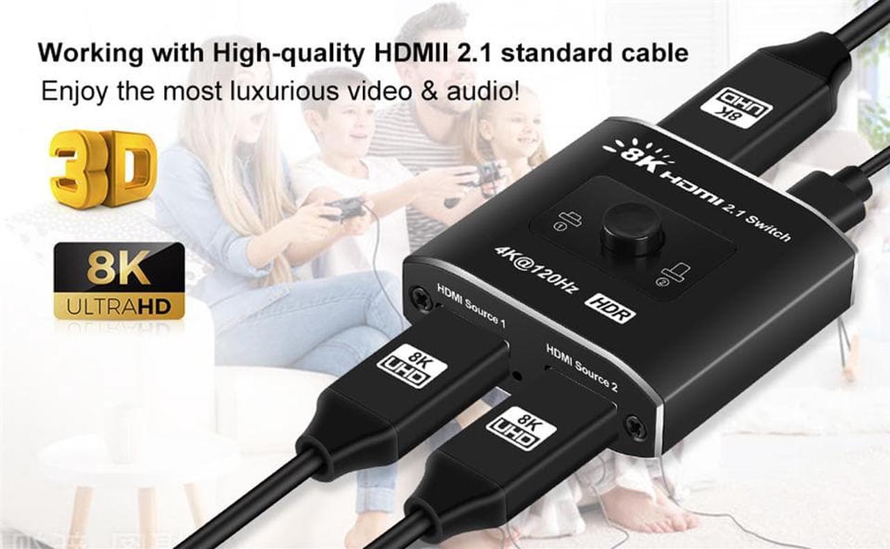 Alt view image 2 of 7 - 8K HDMI Switch,Jansicotek HDMI Switcher 2 in 1 Out, HDMI 2.1 Switch Support 8K@60hz and 4K@120hz, Compatible with Xbox X, PS5, Blu-Ray Player, 8K UHD TV, Monitor and Projector (OZ8Q2B)