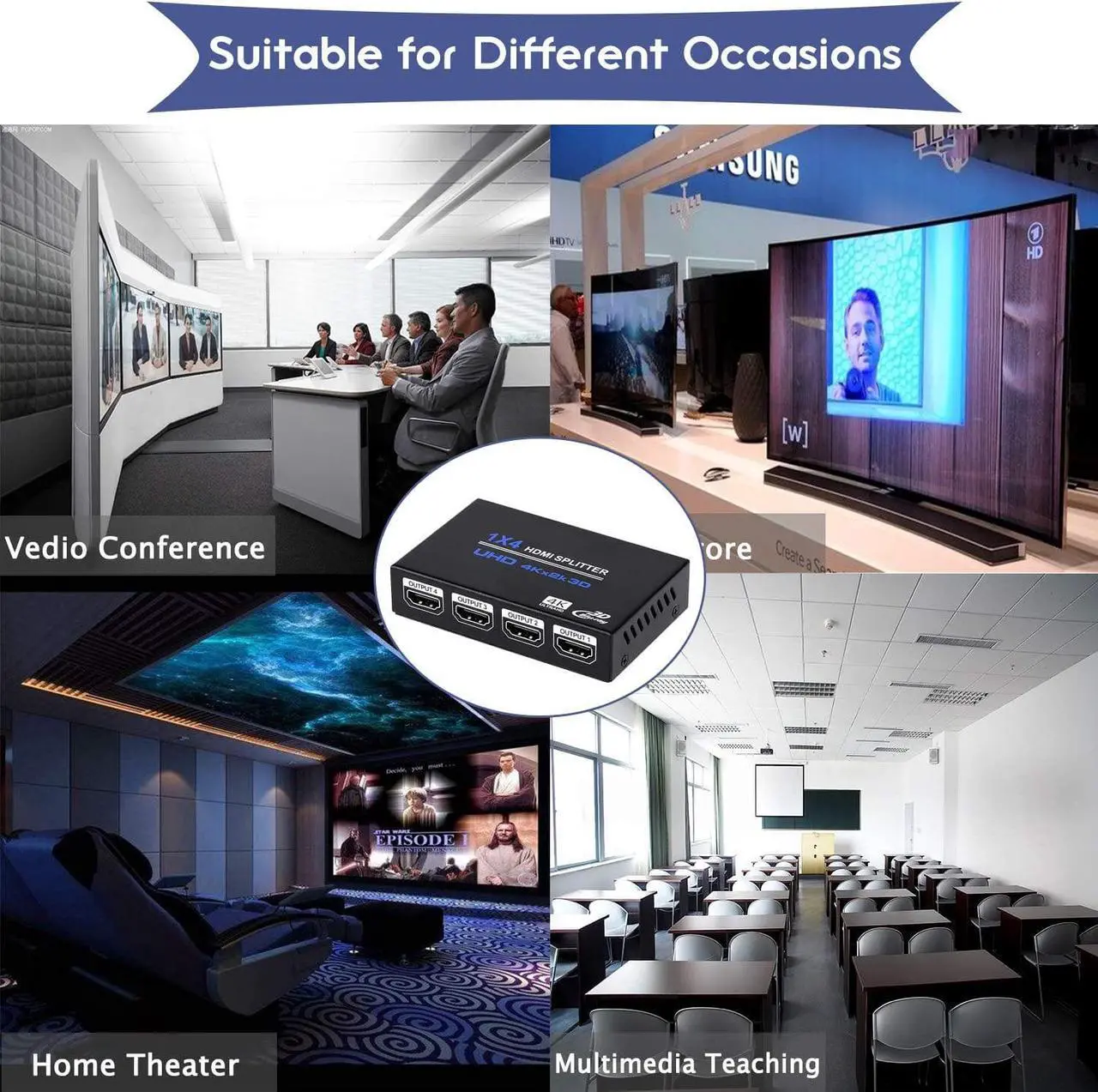 Alt view image 7 of 7 - HDMI Splitter 1x4 ,Jansicotek 1 in 4 Out HDMI Splitter Audio Video Distributor 3D & 4K x 2K Box for HDTV, STB, PS3, PS4 Pro Blu-Ray DVD Player, Projector Etc