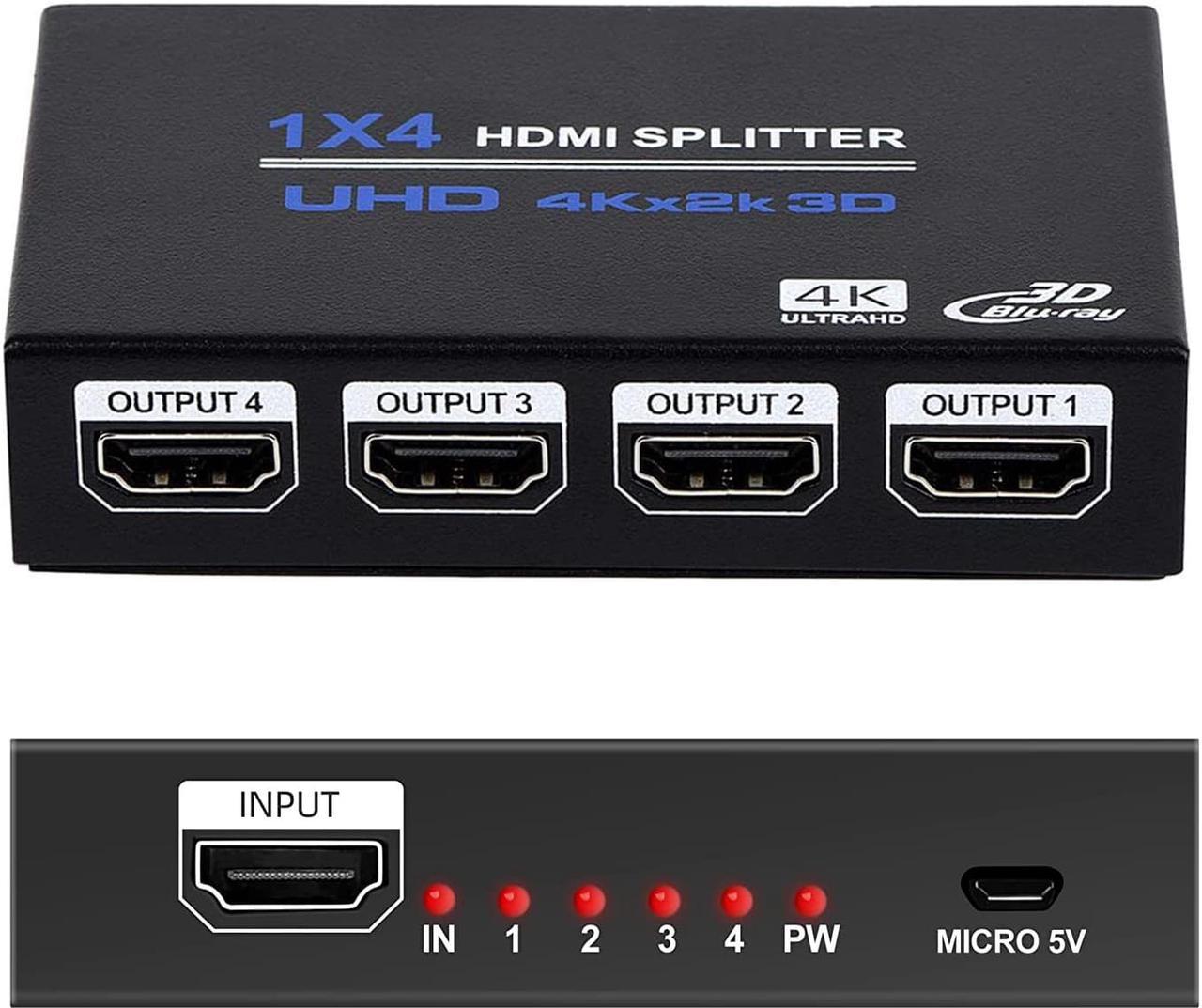 1x4 HDMI Splitter, 1 in 4 Out HDMI Splitter Audio Video Distributor Box Support 3D & 4K x 2K Compatible for HDTV, STB, DVD, PS3, Projector Etc