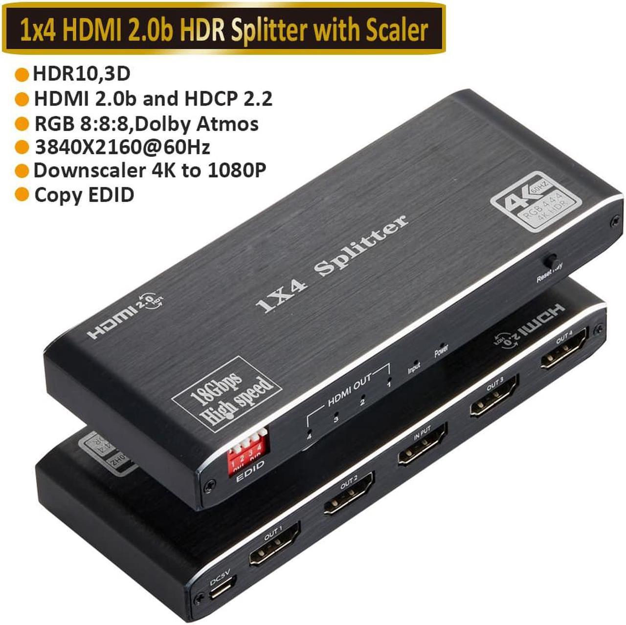 4K@60Hz HDMI 2.0 Splitter 1 in 4 Out,Support HDCP 2.2,HDR10,EDID,Duplicate,HDR,Dolby Vision Atmos,for Game Xbox PS5 1080p120Hz Roku