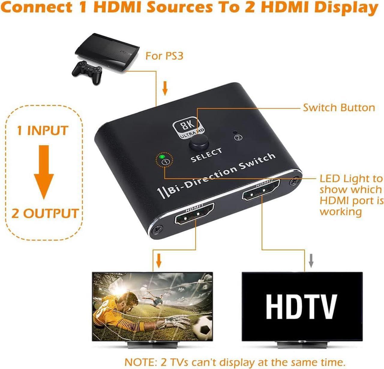 Alt view image 2 of 7 - 48Gbps HDMI 2.1 Switch, Ultra HD 8K HDMI Switcher Splitter 48Gbps High Speed Support HDR 8K@60Hz, 4K@120Hz, Bi-Directional HDMI Switch 2 in 1 Out for PS5/PS4, Xbox, Roku, Apple TV, Blu-ray Player