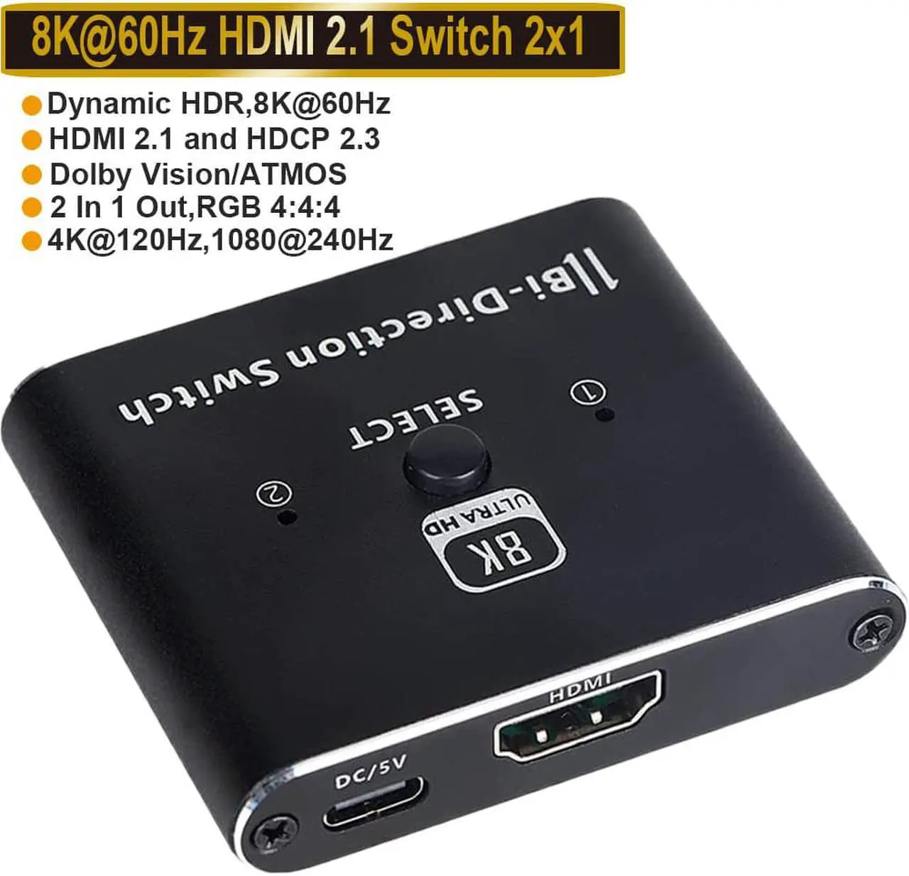 Main image of 8K 4K 120Hz HDMI 2.1 Switcher Splitter, Bi-Directional 1x2/2x1 , 2 Port HDMI Switcher Selector Box , Supports 8K@60Hz, 4K@120Hz, 4K@60Hz 48Gbps High Speed for PS4/5 Roku Xbox TV Monitor
