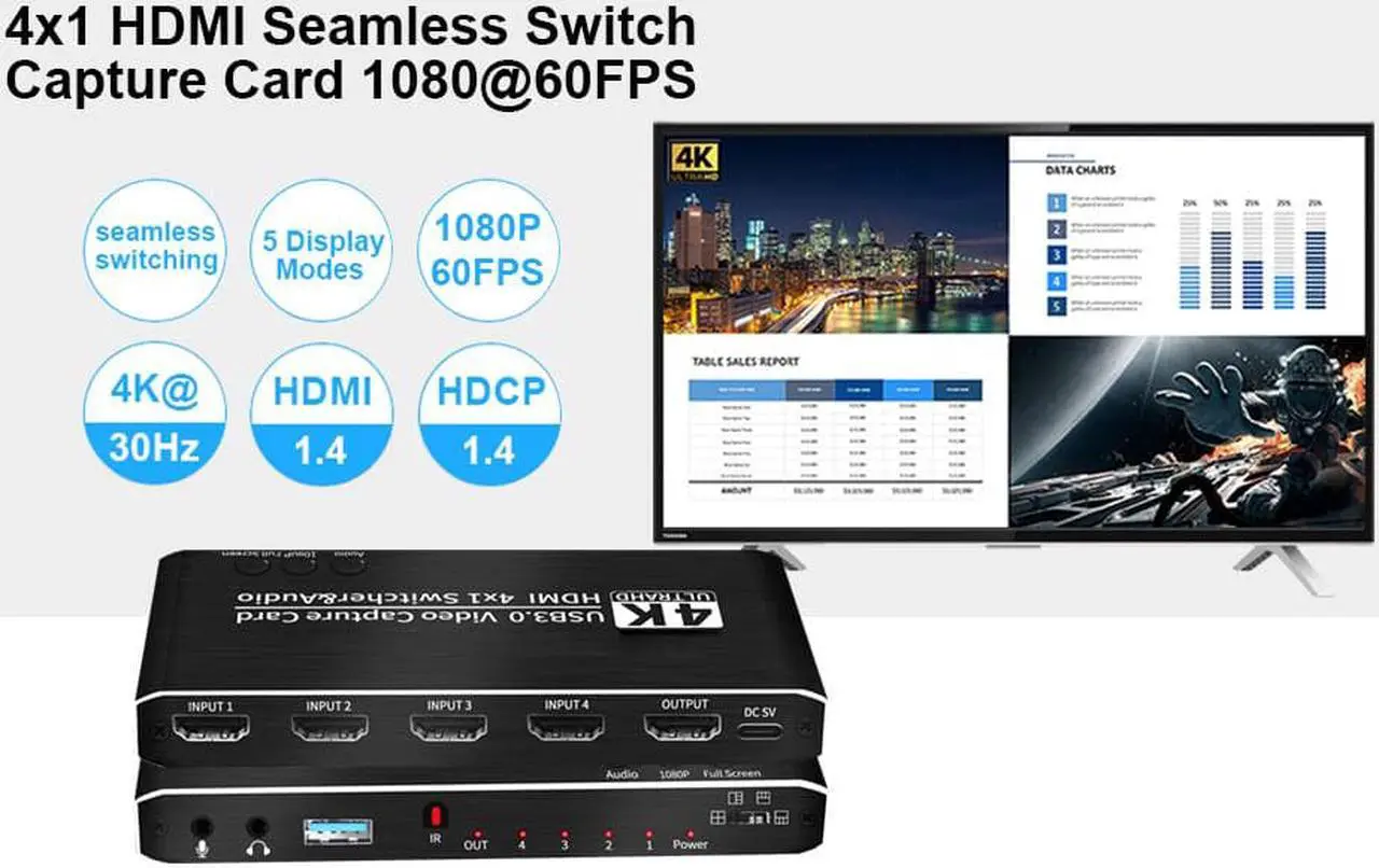 Alt view image 2 of 7 - 4x1 4K@30Hz External Capture Card Seamless Switch, Stream and Record in 4K 30fps with HDMI Loop Microphone & Audio for PS5, PS4/Pro, Xbox Series X/S, Xbox One X/S,  works with PC and Mac
