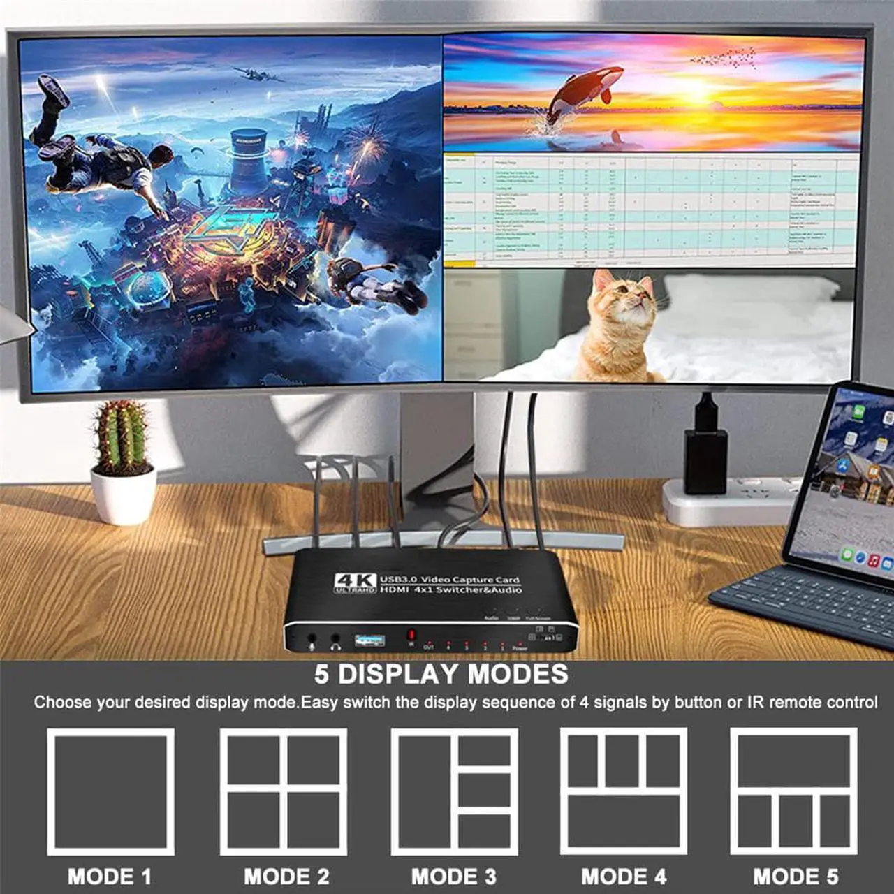 Alt view image 4 of 7 - 4x1 4K@30Hz External Capture Card Seamless Switch, Stream and Record in 4K 30fps with HDMI Loop Microphone & Audio for PS5, PS4/Pro, Xbox Series X/S, Xbox One X/S,  works with PC and Mac