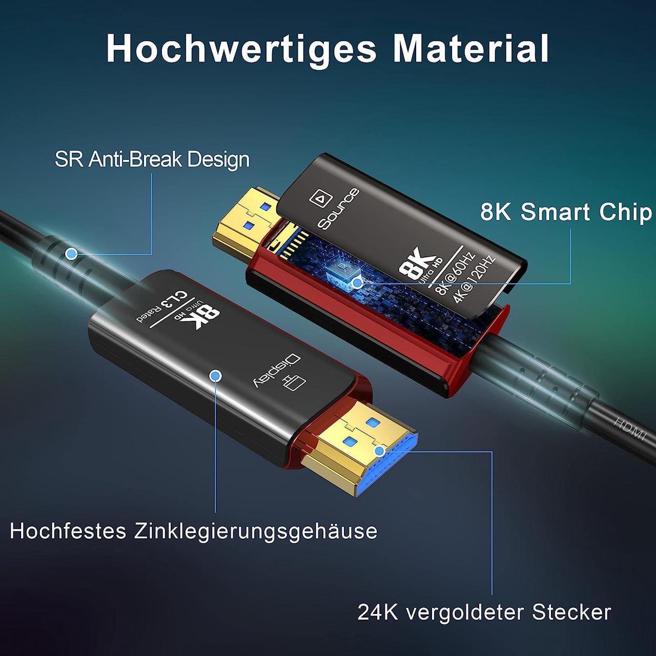 Alt view image 4 of 7 - 164FT HDMI 2.1 8K Fiber Optic Cable 8K@60Hz 4K@120Hz Dynamic HDR/eARC/HDCP 2.3 Slim Flexible Suitable for Laptop Monitor RTX 3080 3090 Xbox Series X PS5, (Black+Red)