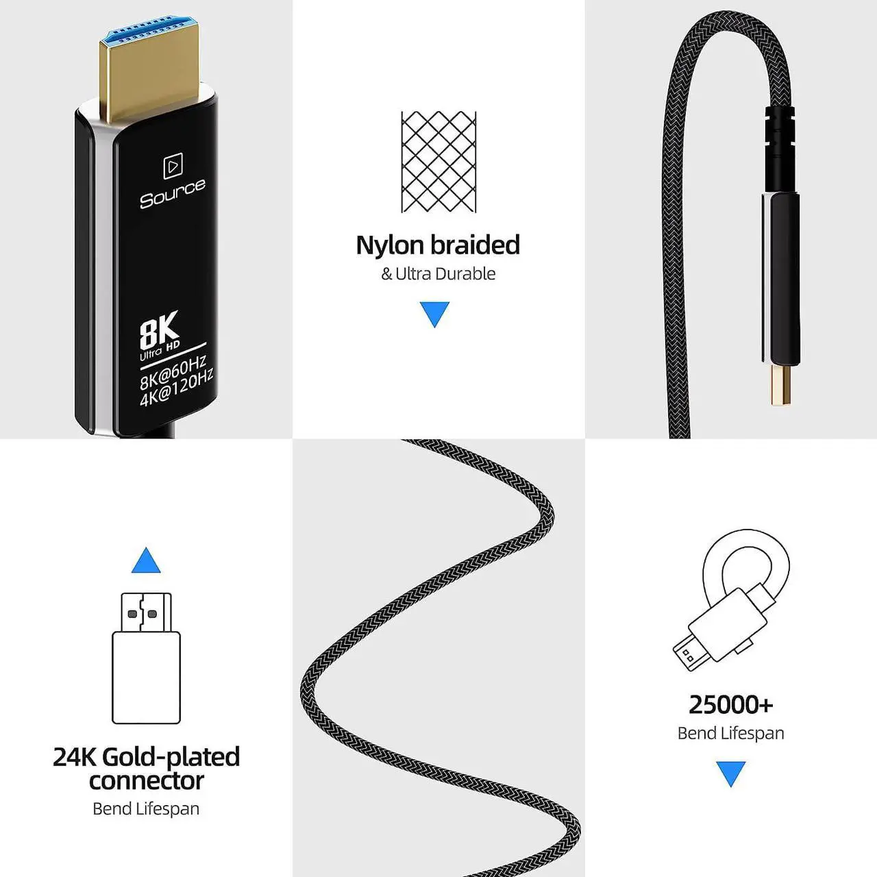 Alt view image 4 of 7 - 8K Fiber Optic HDMI Cable Braided Nylon 50FT HDMI2.1 Cable - 48Gbps with eARC, 8K at 60Hz for Superior Video and Sound Quality for PS5, Apple TV, Roku, Smart TV, Xbox Series X and S, (Black+White)