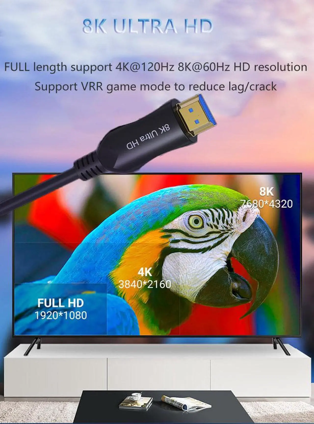 Alt view image 5 of 7 - 8K HDMI 2.1 Fiber Optic Cable 50ft, 48Gbps Ultra High Speed HDMI Cable HDR eARC HDCP2.2 2.3 Support 4K 120Hz 8K 60Hz Compatible with PS5,LG C9,RTX 3090/80, Xbox Series, in Wall CL3 Rated