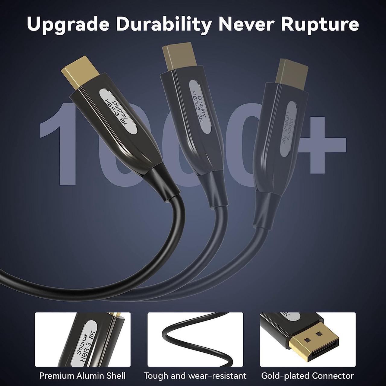 Alt view image 4 of 7 - DP Fiber Cable 164ft, Displayport Fiber Optic Cable High Speed 32.4 Gbps 8K@60Hz 4K@165Hz 2K@144Hz DP1.4, Fiber DP to DP Cable Slim and Flexible, Gold Plated Connector, Displayport Fiber Cable