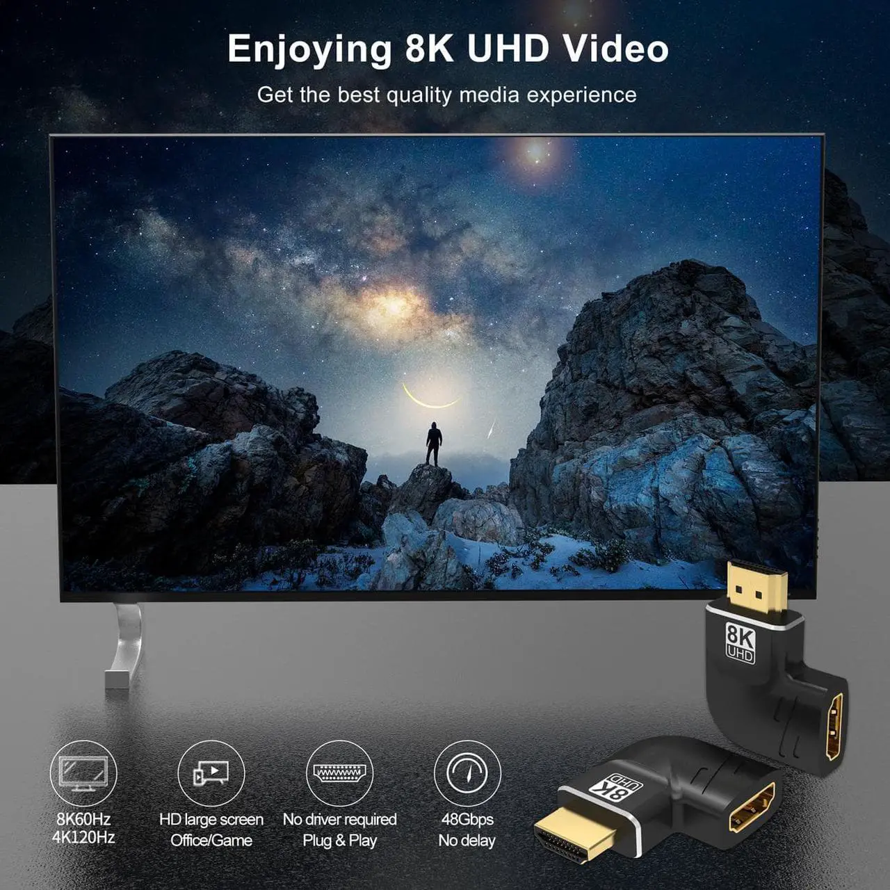 Alt view image 2 of 7 - HDMI Male to Female Adapter Right Angle 8K@60Hz 4K@120Hz, 2 Pack Flat 90 Degree and 270 Degree HDMI Extender Connector Up and Down Angle Converter for Fire Stick TV Roku Monitor Laptop Projector PS5