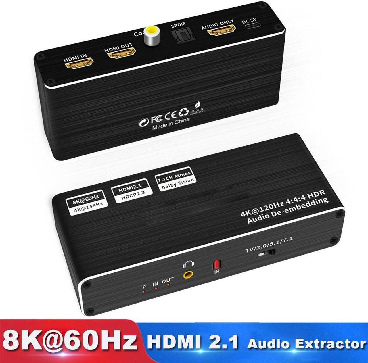 Jansicotek 8K 60Hz HDMI with Audio Extractor Splitter, Optical Toslink SPDIF, 3.5mm Audio Jack, Coaxial, 7.1Ch Out Support HDMI 2.1 HDCP 2.2/2.3, LPCM7.1 HDR10+ DobIy Vision for PS5 Soundbar Blu-Ray