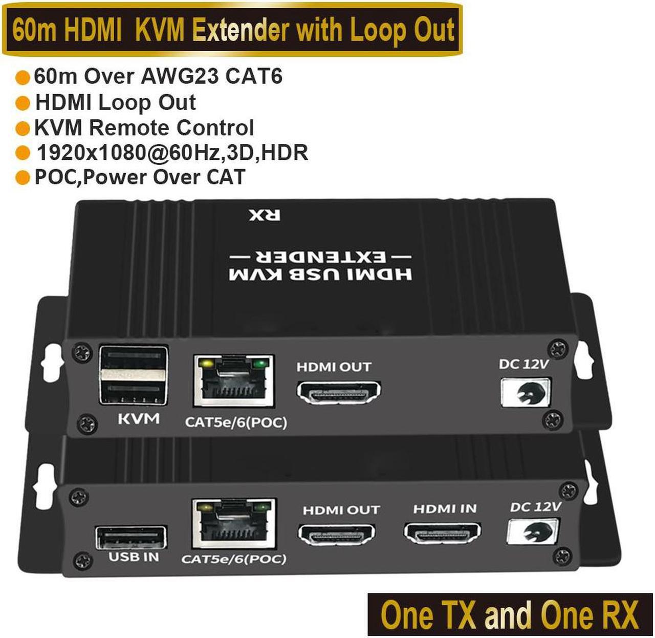 Main image of USB KVM and HDMI Over Cat5/Cat5e/Cat6 Extender  196ft Extension, 1080p HDMI Video, 2X USB Keyboard/Mouse, Near Zero Latency, HDMI Loopout, ESD Protection, Transmitter and Receiver