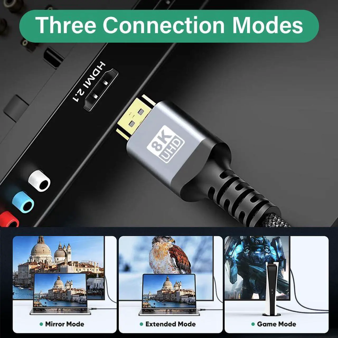 Alt view image 5 of 7 - 8K HDMI 2.1 Cable 10FT, Jansicotek 48Gbps High Speed 3D 8K60 4K120 144Hz  eARC RTX 3090 HDR10 4:4:4 HDCP 2.2&2.3 Dolby Compatible with Playstation 5/PS5, Xbox Series X, Roku/Fire/Sony/LG