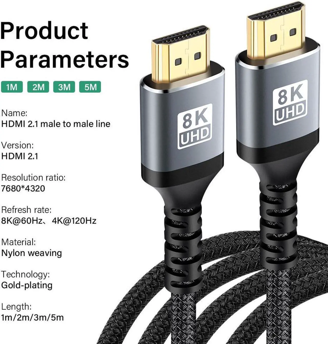 Alt view image 2 of 7 - 8K HDMI 2.1 Cable 10FT, Jansicotek 48Gbps High Speed 3D 8K60 4K120 144Hz  eARC RTX 3090 HDR10 4:4:4 HDCP 2.2&2.3 Dolby Compatible with Playstation 5/PS5, Xbox Series X, Roku/Fire/Sony/LG