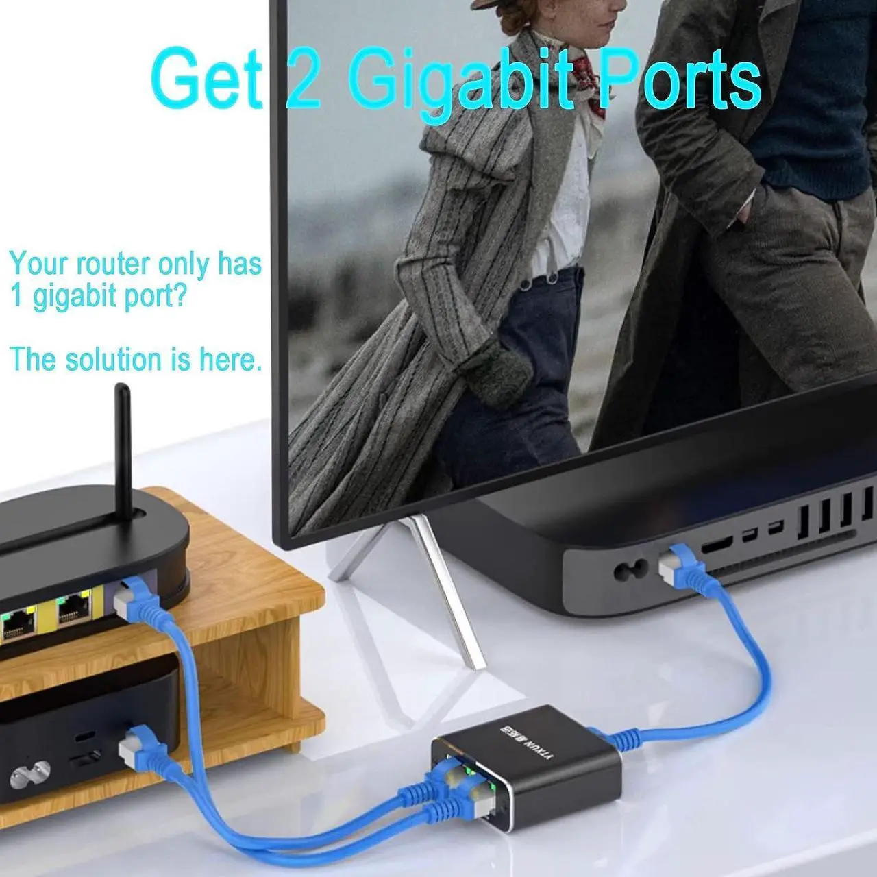 Alt view image 3 of 7 - Gigabit Ethernet Splitter 1 to 2 RJ45 Network Adapter, Suitable for Computer/Router/Network Box with RJ45 Interface, Compatible with Cat5/5e/6/7/8 Cable  [2 Devices Simultaneous Networking]