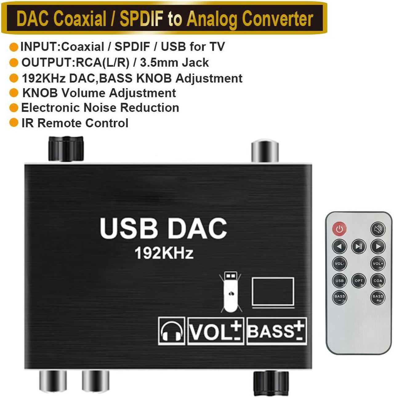 Digital to Analog Audio Converter with Remote, 192KHz DAC Converter with Volume Control&Bass Adjustment, DAC Box with USB(PC)/Coaxial/Spdif Input and RCA 3.5mm Output Compatible with TV/PS4/DVD