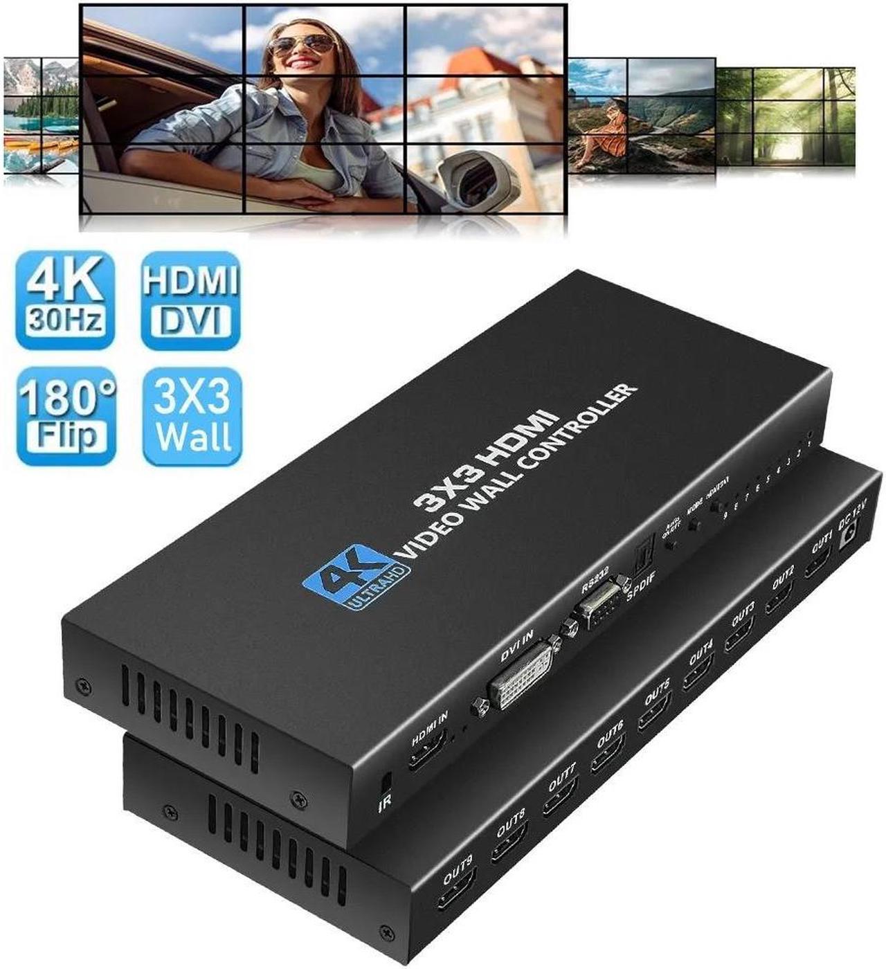 Video Wall Controller 3x3 4K 30Hz Processor HDMI 1.4 HDCP 1.4 Support 13 Display Modes -1x1,1x2, 1x3, 1x4, 2x1, 2x2, 2x3, 2x4, 3x1, 3x2, 3x3, 4x1, 4x2 with 1 DVI or HDMI Input 9 HDMI Output