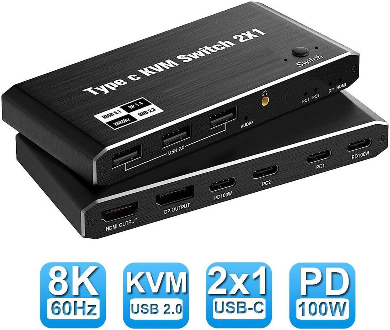 8K USB C KVM Switch HDMI 2 Port 8K@60Hz 4K@120Hz, HDMI 2.1 KVM Switch with and 100W Power Delivery for 2 Computers Share 1 Monitor(DP/HDMI Output) and 3 USB Devices,3.5mm Audio