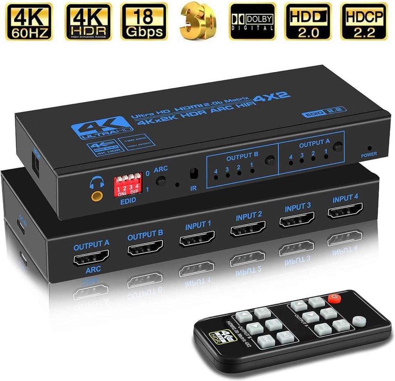 Jansicotek HDMI Matrix Switch 4x2 4K@60Hz RGB 8:8:8, YUV 4:4:4 HDR ARC/SPDIF 5.1CH, 3.5mm Stereo Audio,  HDCP 2.2 18Gbps, Matrix Splitter 4 in 2 Out with EDID Extractor and Remote Control (OZJ2-1)