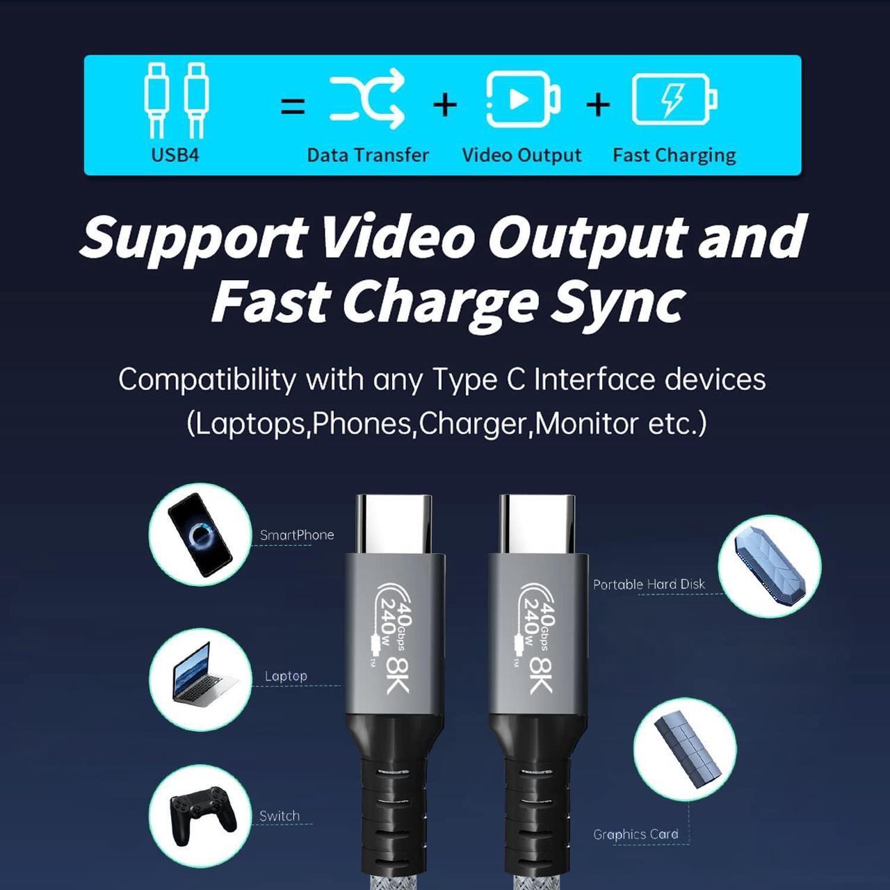 Alt view image 5 of 7 - USB4 Cable 240W for Thunderbolt 4 Cable 5 FT, 40Gbps and 8K@60Hz 5K@60Hz or Dual 4K Video USB-C Compatible with Thunderbolt 3/4, Dell, iPad Air 4, iPad Pro 2020, Pixel, Hub, Docking, and More